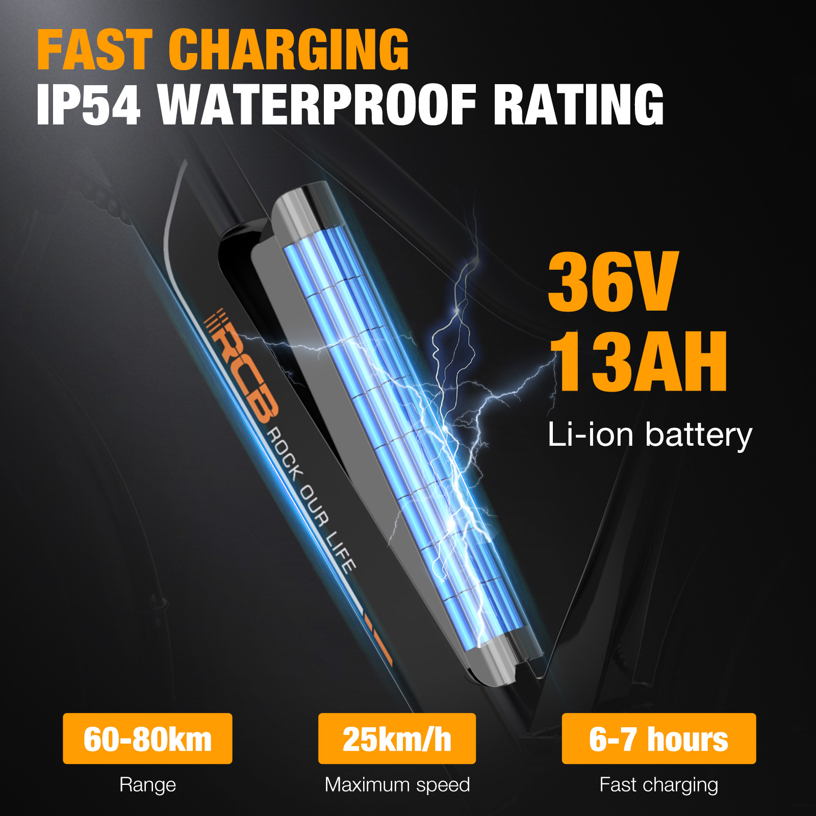Carga rápida, impermeable IP54. Batería Li-ion 36V 13AH. Autonomía 60-80km, vel. máx. 25km/h, carga 6-7h.
