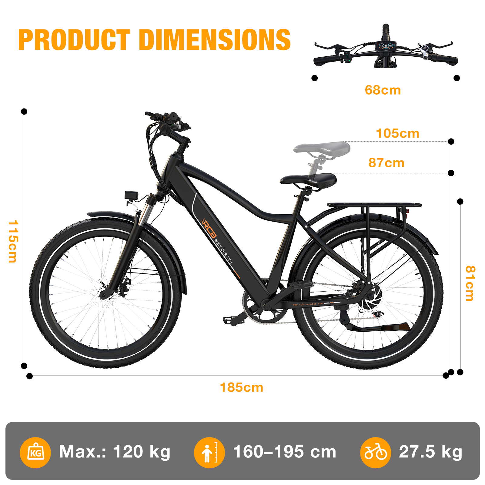 Dimensiones del producto: Bicicleta eléctrica negra con medidas: 185x81x115cm, manillar 68cm, sillín 105/87cm.