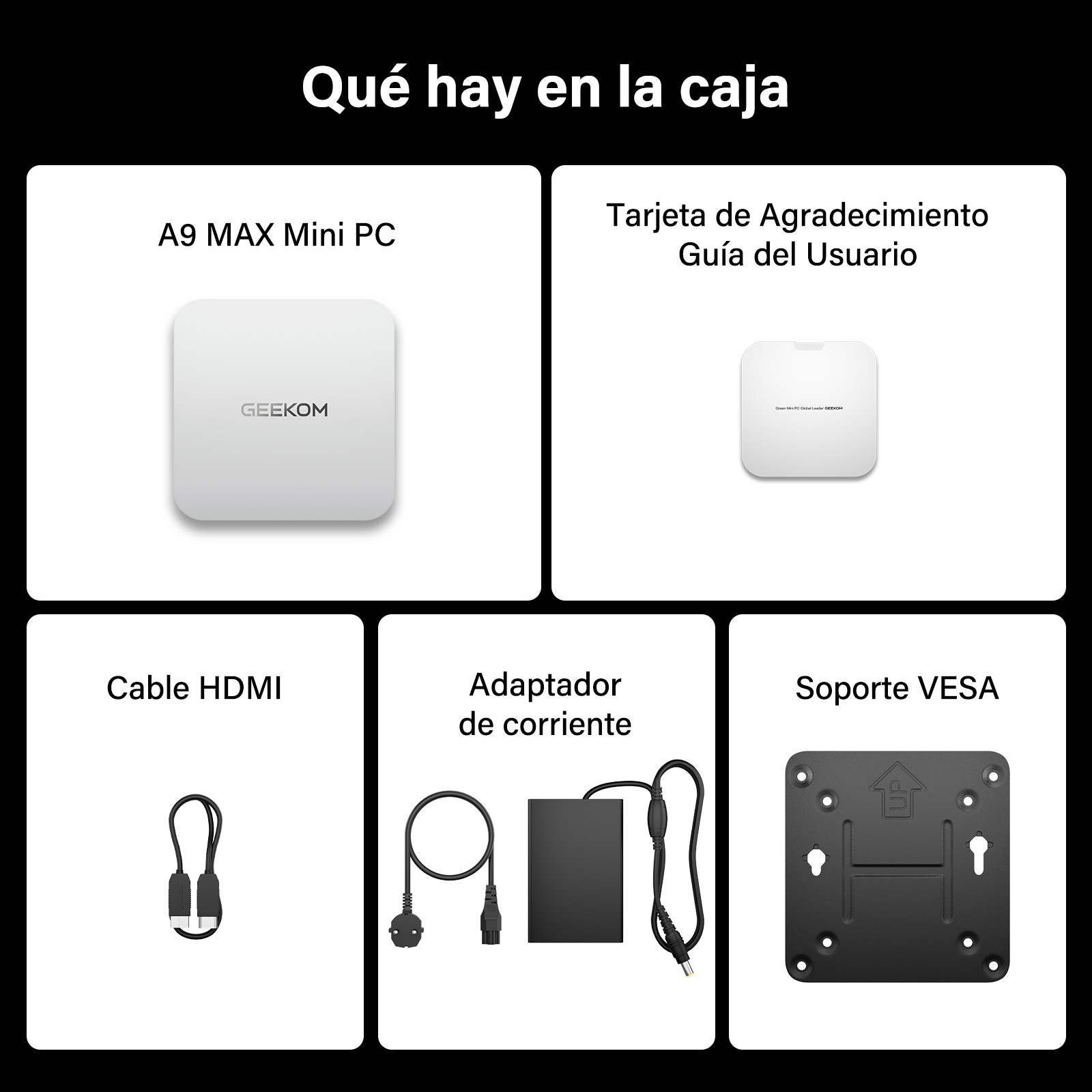 Contenido de la caja: Mini PC, tarjeta, cable, adaptador de corriente, soporte VESA.