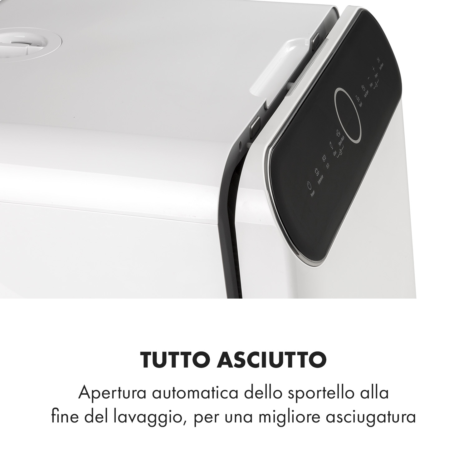 Primer plano de una lavadora blanca con panel de control negro e iconos.