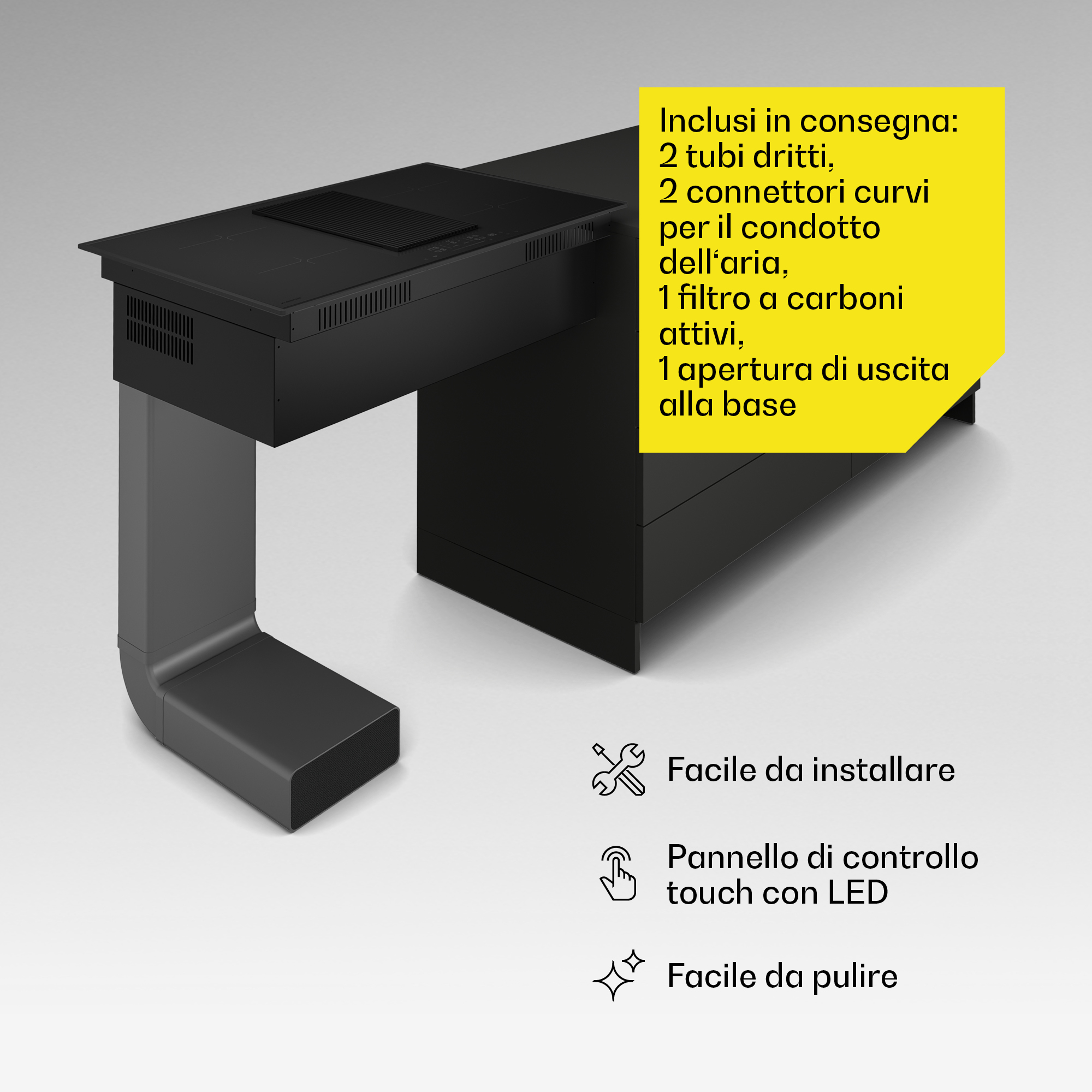 Cappa nera con condotto e riquadro giallo. Facile da installare.