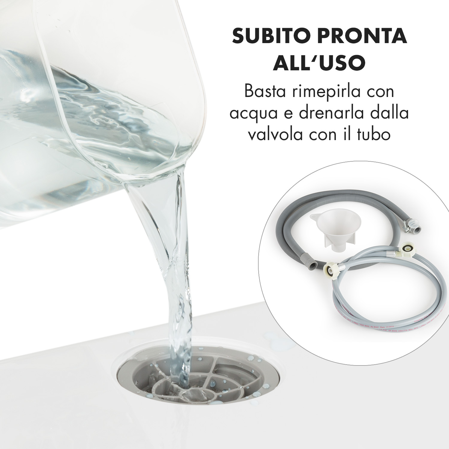 Se vierte agua en un desagüe; hay mangueras visibles cerca.