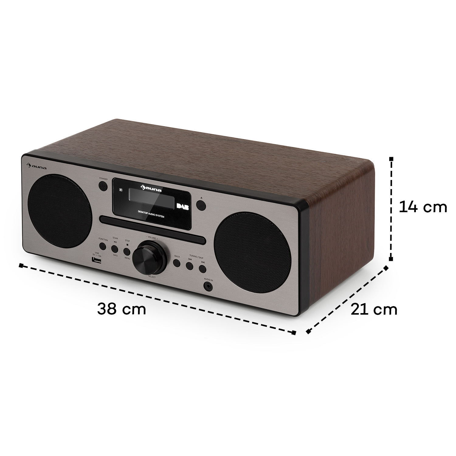 Ein brauner Holz-Radiowecker mit silberner Front, Lautsprechern und Display.