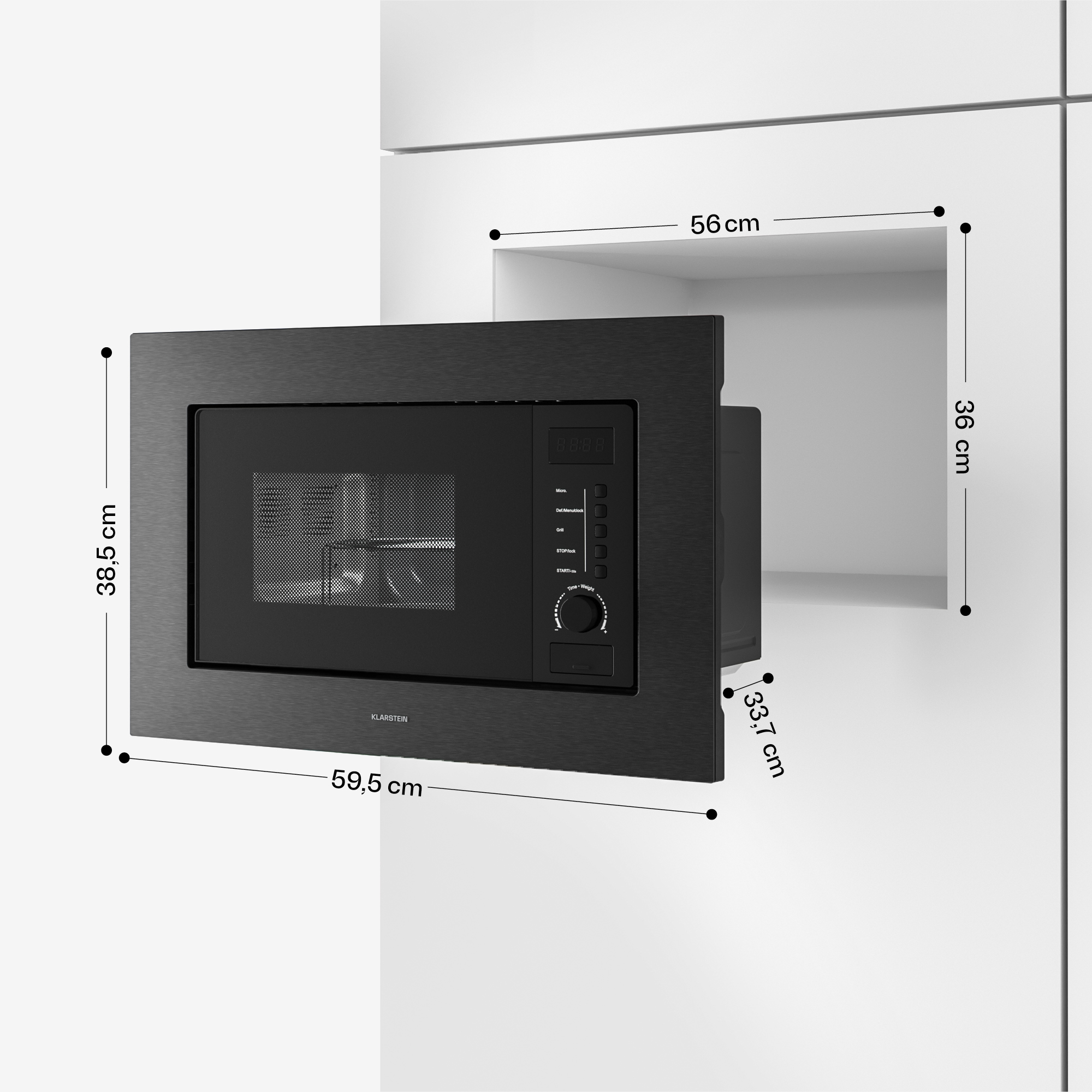Microonde da incasso nero con display digitale e pulsanti di controllo.