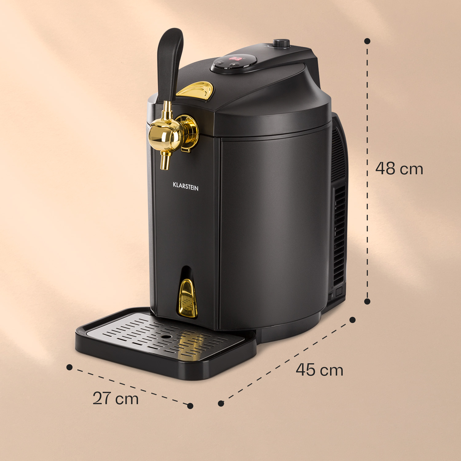 Schwarzer Zapfautomat mit goldenen Akzenten, 48 cm hoch, 45 cm tief, 27 cm breit.