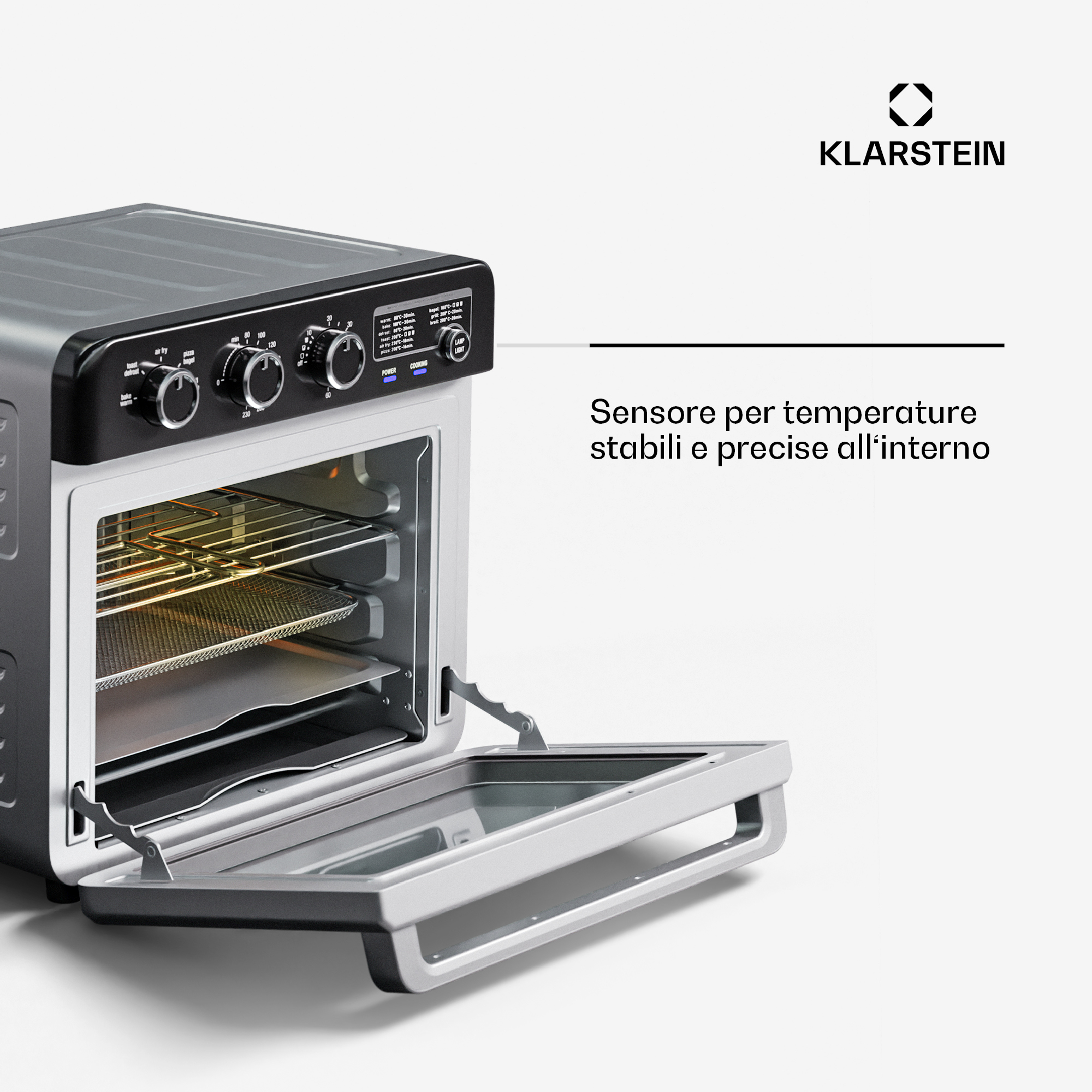 Un forno Klarstein argentato con la porta aperta, che mostra delle griglie all'interno.
