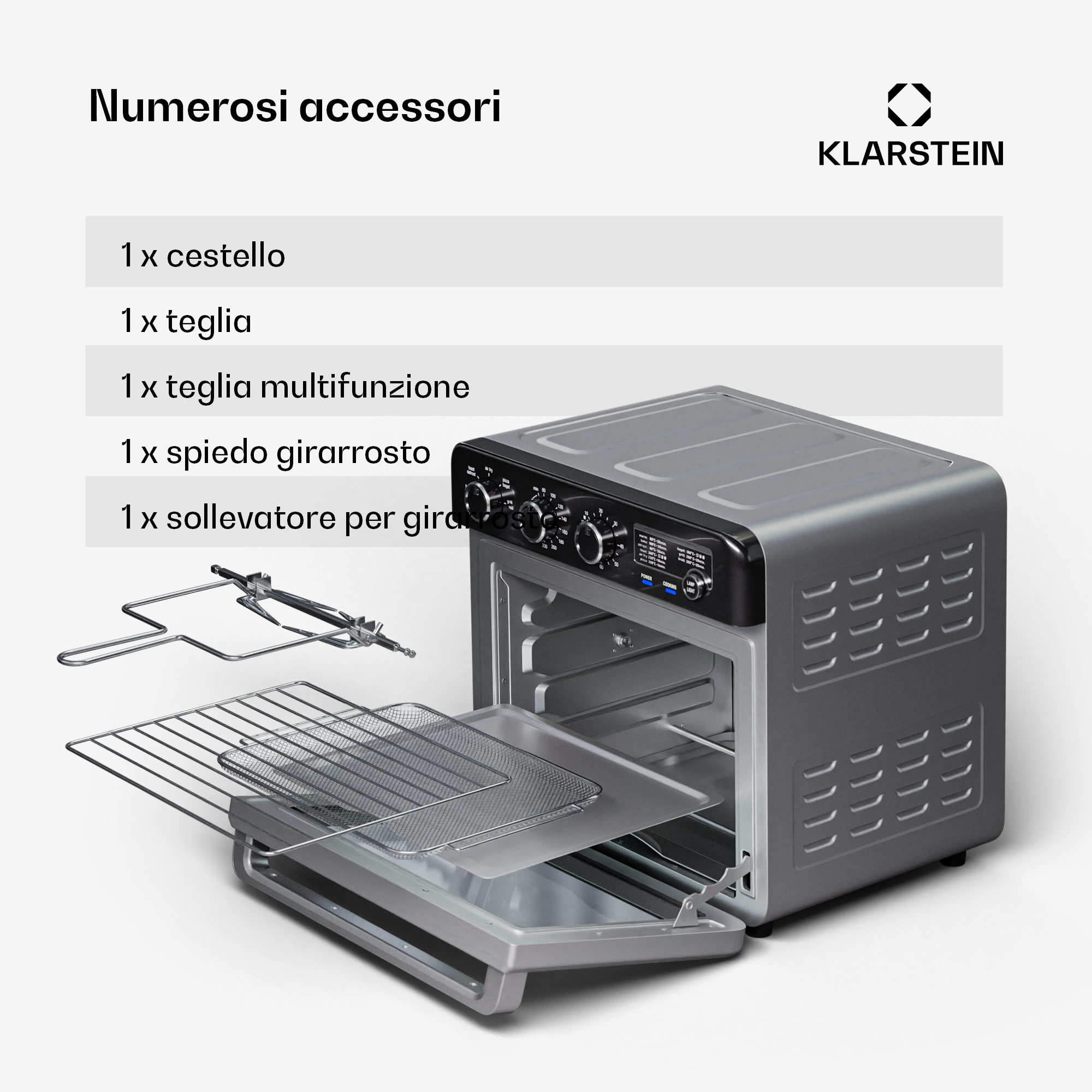 Un forno Klarstein con accessori: cestello, teglia e girarrosto.