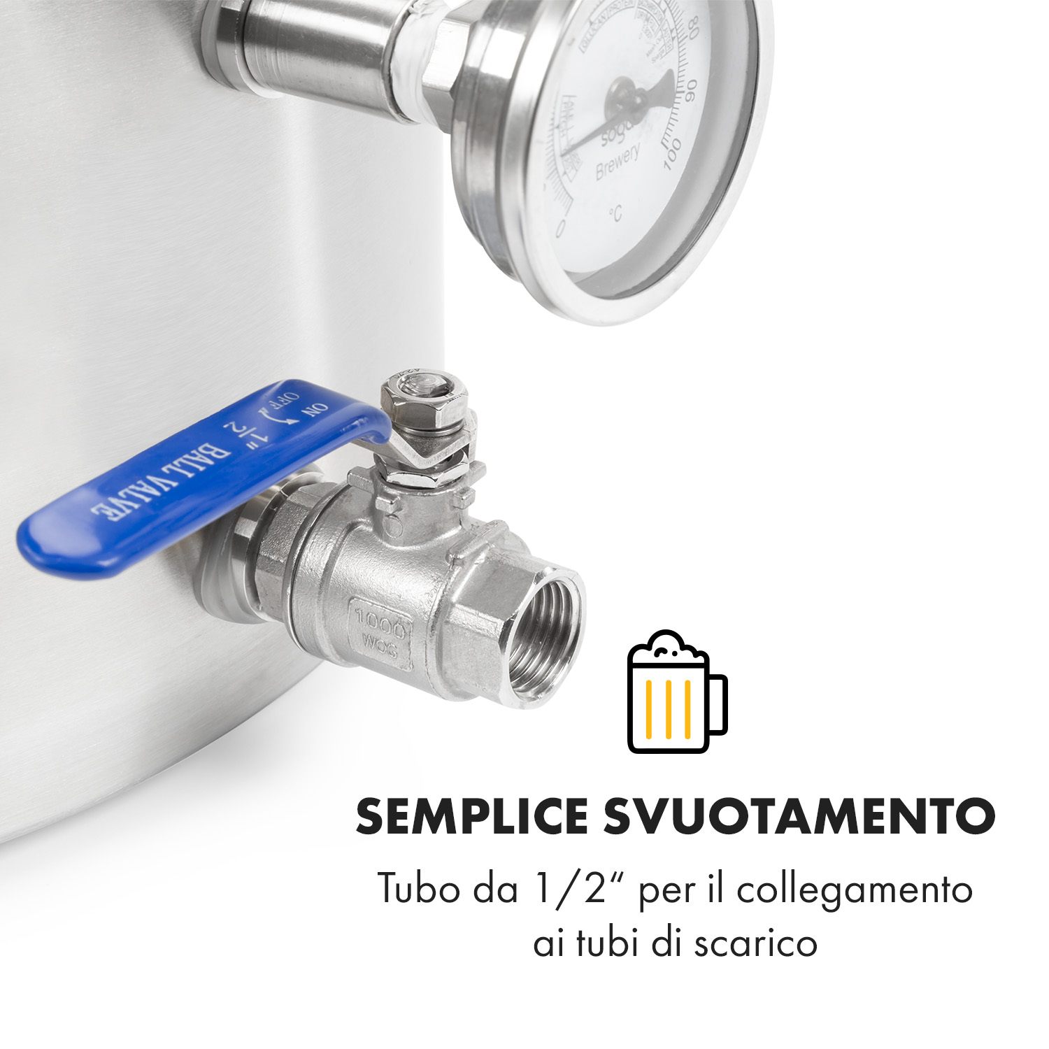 Edelstahlventil mit blauem Hebel, Thermometer und Bierkrug-Symbol.
