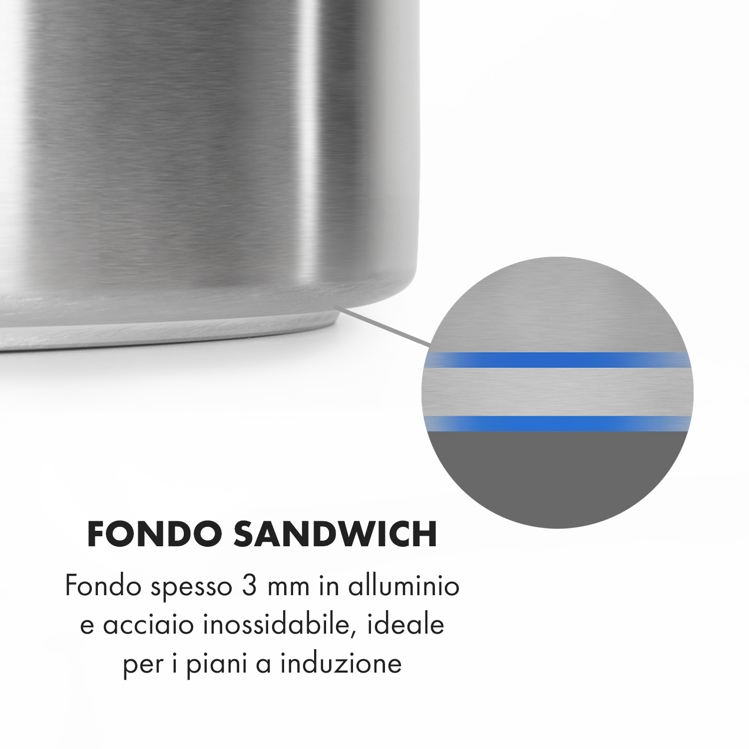 Nahaufnahme eines Edelstahltopfes mit Sandwichboden und einer Detailansicht.