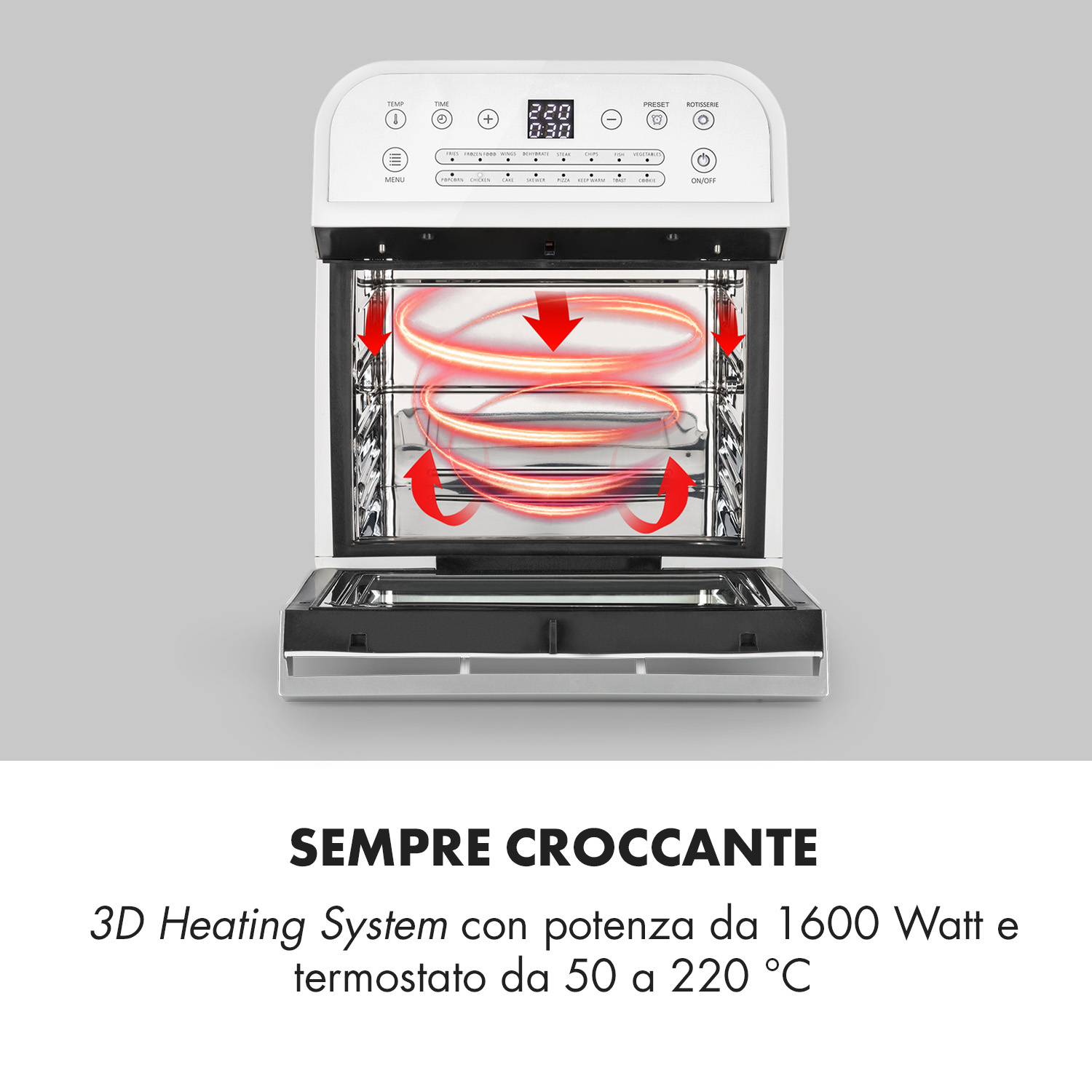 Un forno friggitrice ad aria bianco con elementi riscaldanti rossi e controlli digitali.