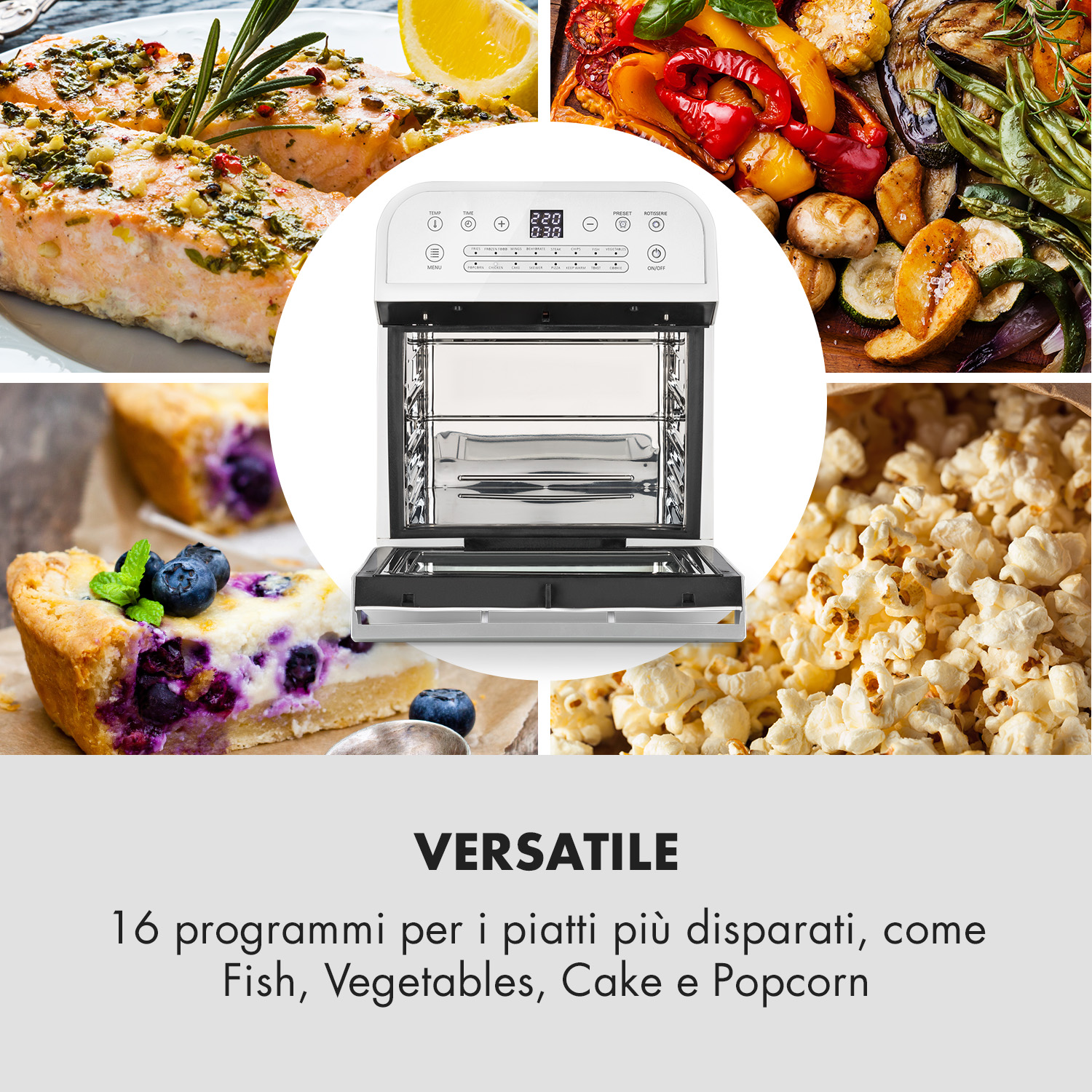 Collage di salmone, verdure, torta e popcorn attorno a una friggitrice ad aria.