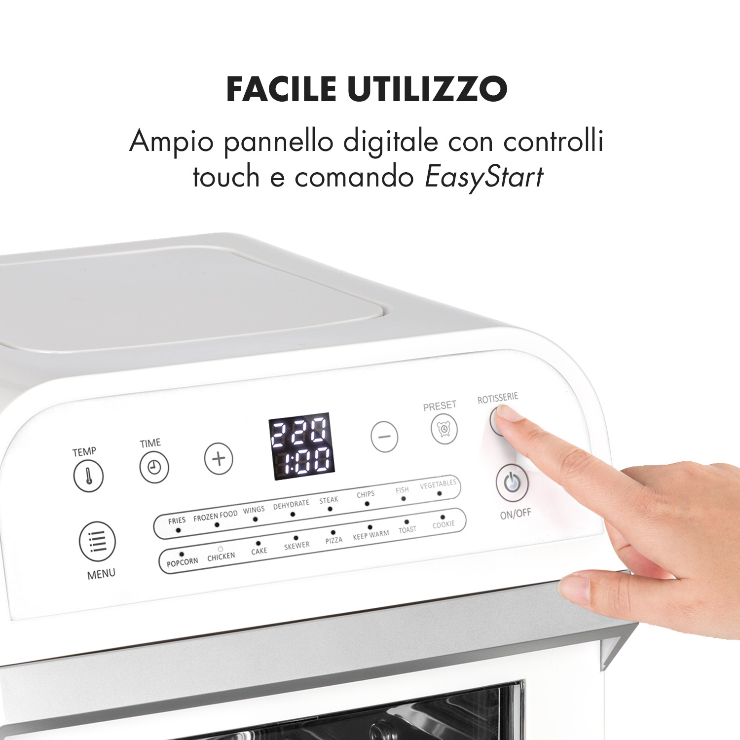 Un dito preme il pulsante "Rotisserie" su un pannello di controllo bianco con display digitale.