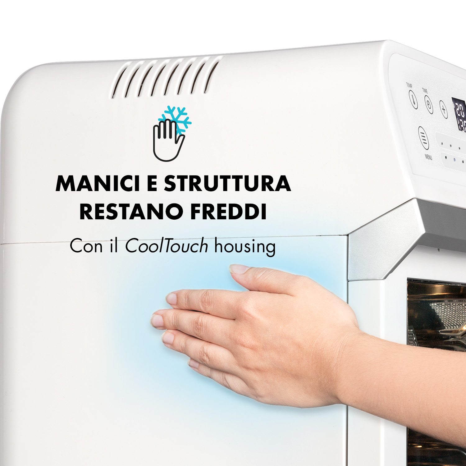 Una mano tocca un apparecchio bianco con la scritta 'MANICI E STRUTTURA RESTANO FREDDI'.