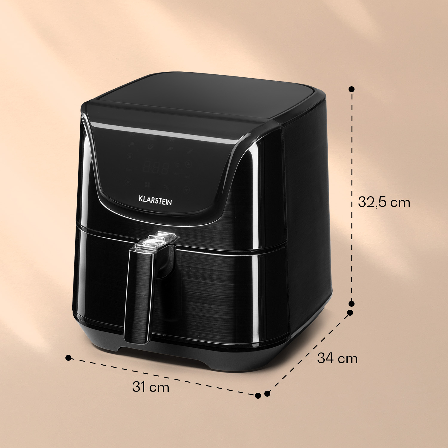 Friggitrice ad aria Klarstein nera con display digitali e dimensioni 31x34x32,5 cm.