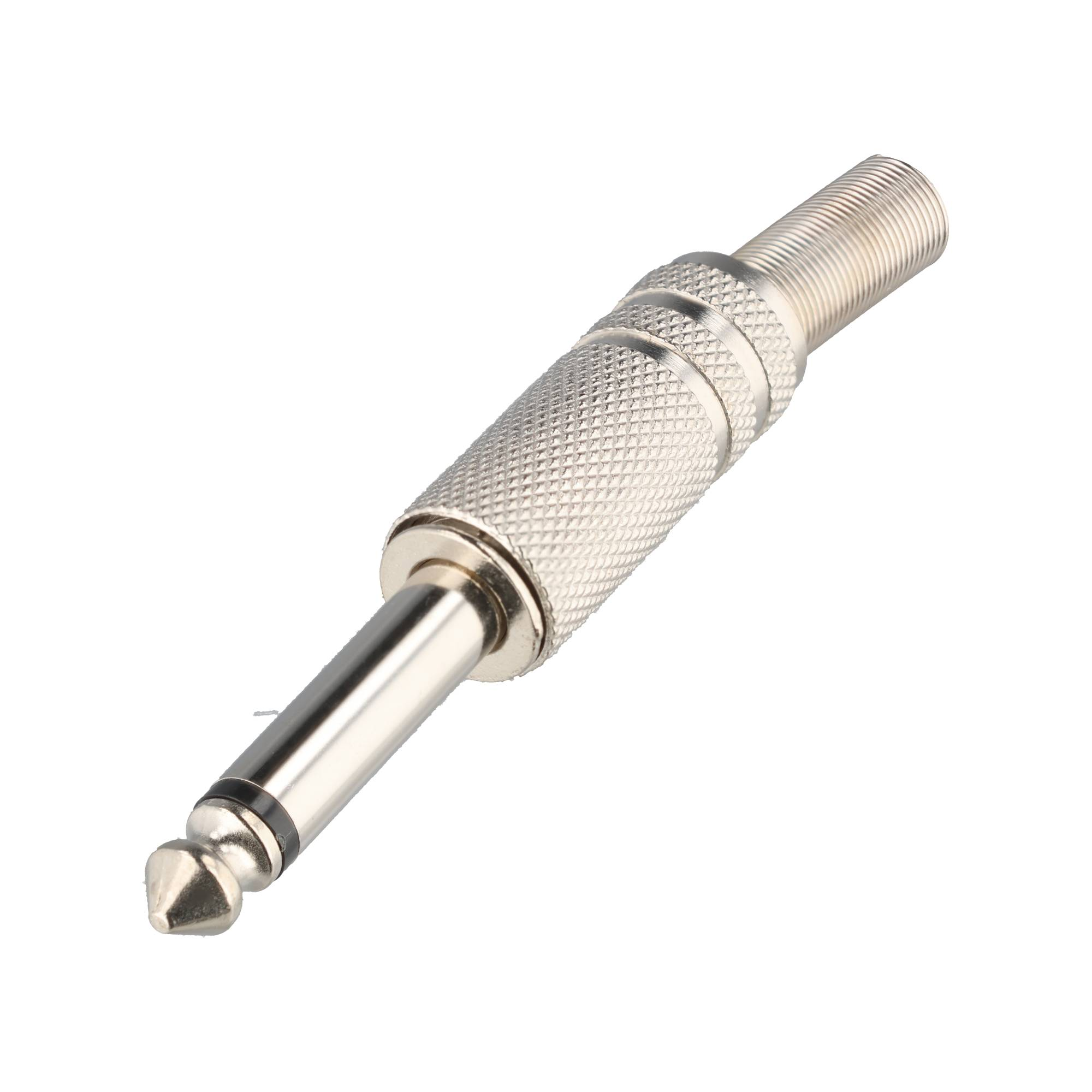 Een zilveren 6,35 mm jackplug met gekartelde grip en schroefdraad.