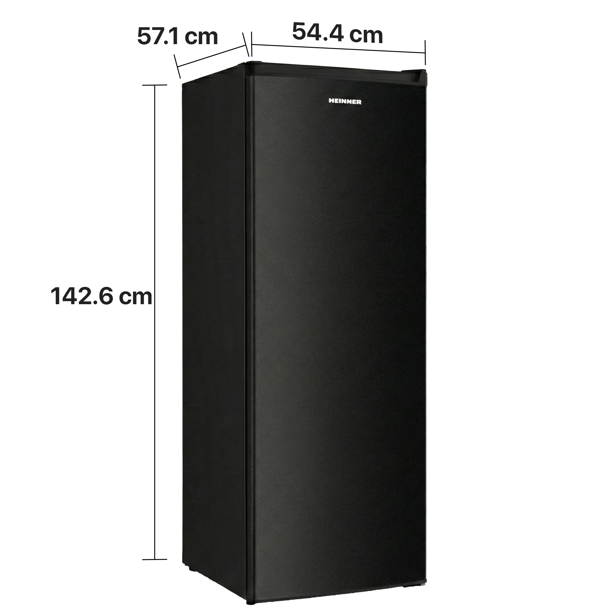 Zwarte koelkast met afmetingen 142,6 x 57,1 x 54,4 cm.