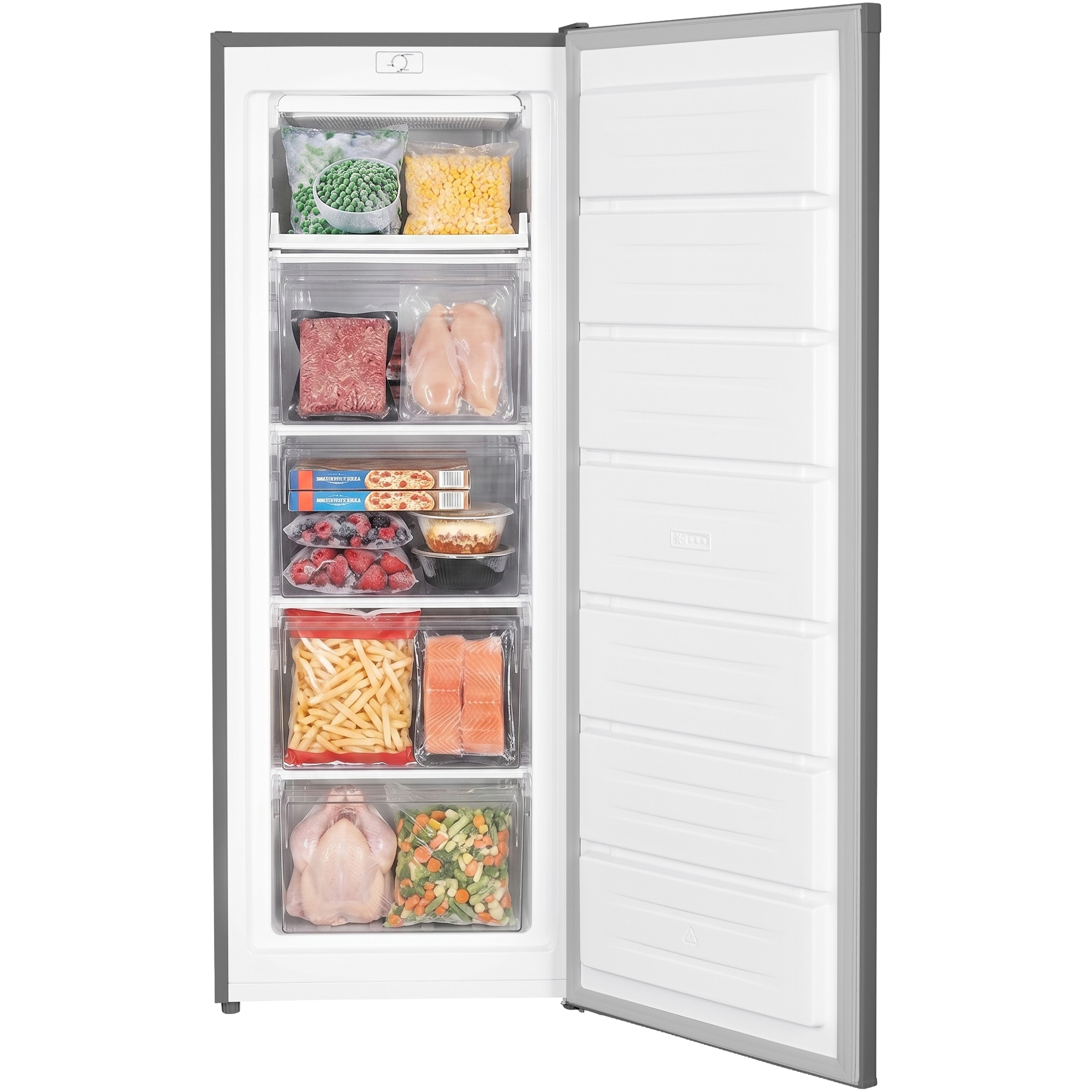 Ein offener Gefrierschrank mit gefrorenen Lebensmitteln: Gemüse, Fleisch, Fisch, Pizza, Beeren und Huhn.