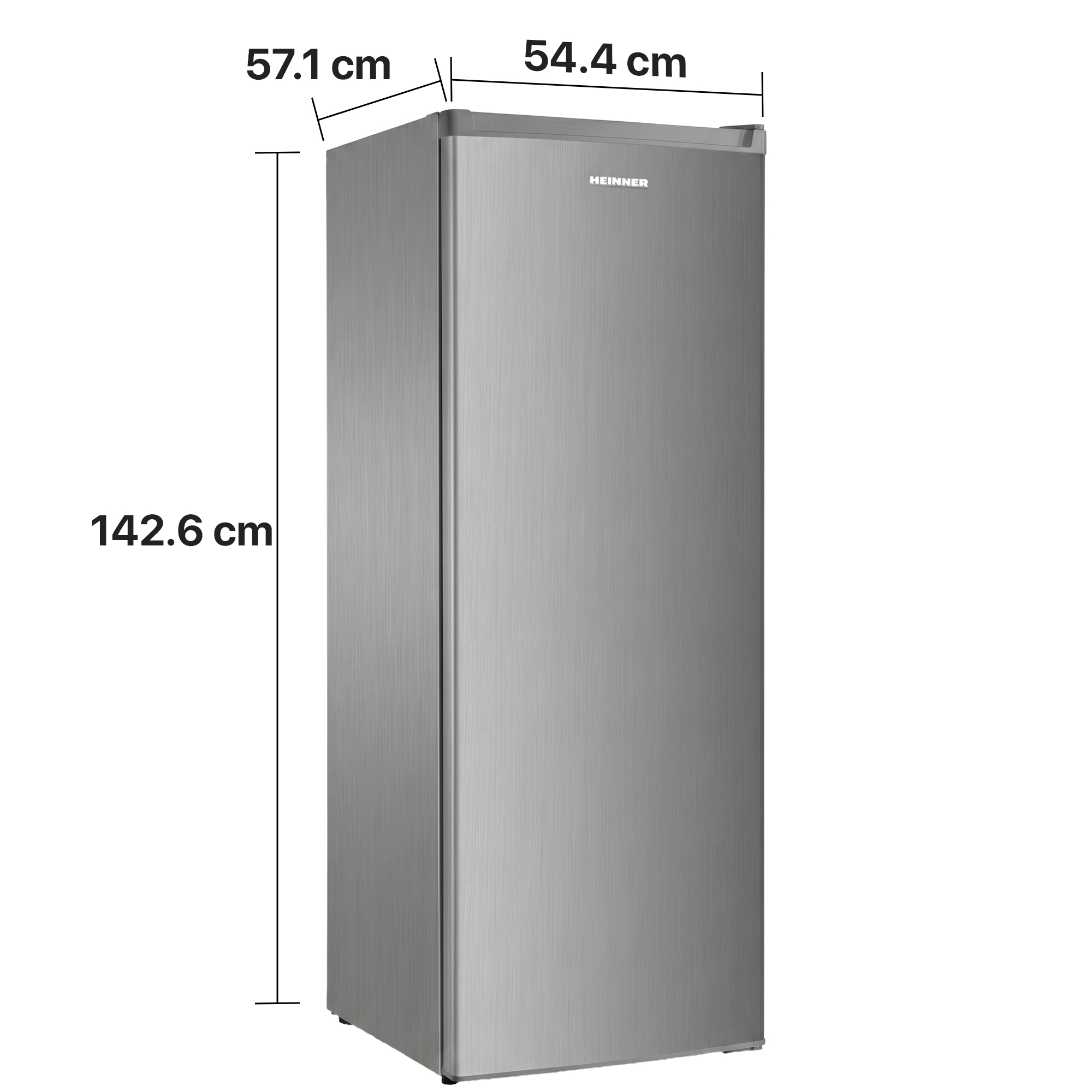 Ein silberner Kühlschrank mit den Maßen 142,6 cm Höhe, 57,1 cm Breite und 54,4 cm Tiefe.