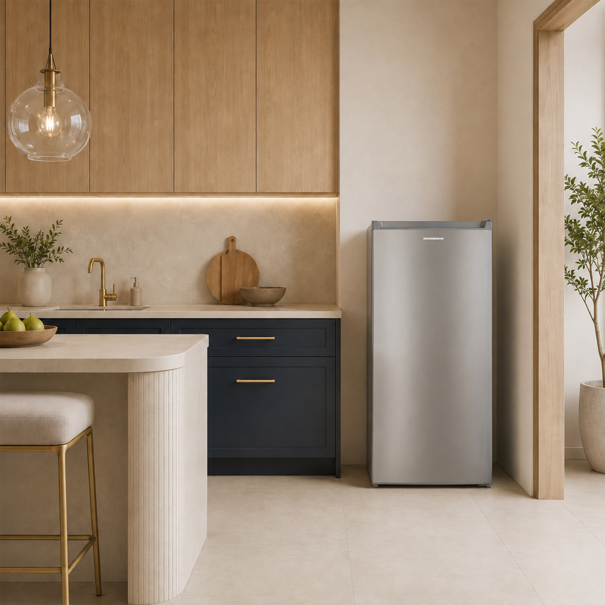 Moderne Küche mit silbernem Kühlschrank, Holzelementen und Insel.