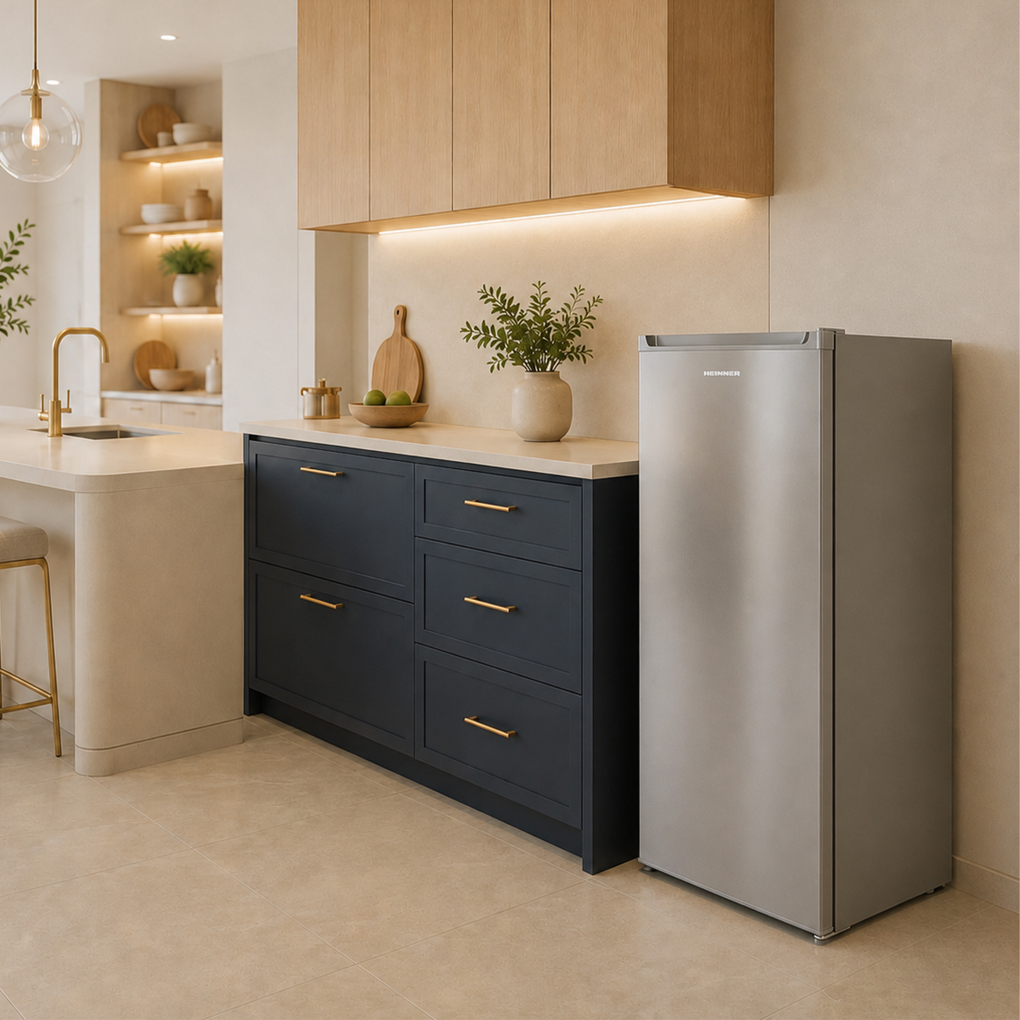 Moderne Küche mit silbernem Kühlschrank, dunklen Schränken und Holzakzenten.