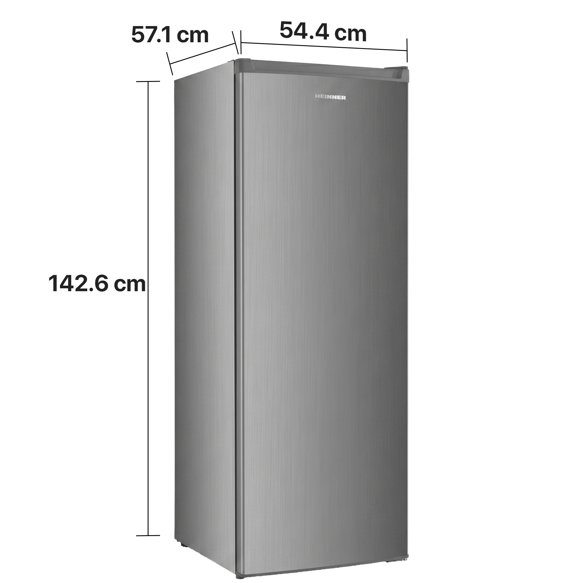 Een zilveren koelkast met afmetingen 142,6 cm H, 57,1 cm B, 54,4 cm D.