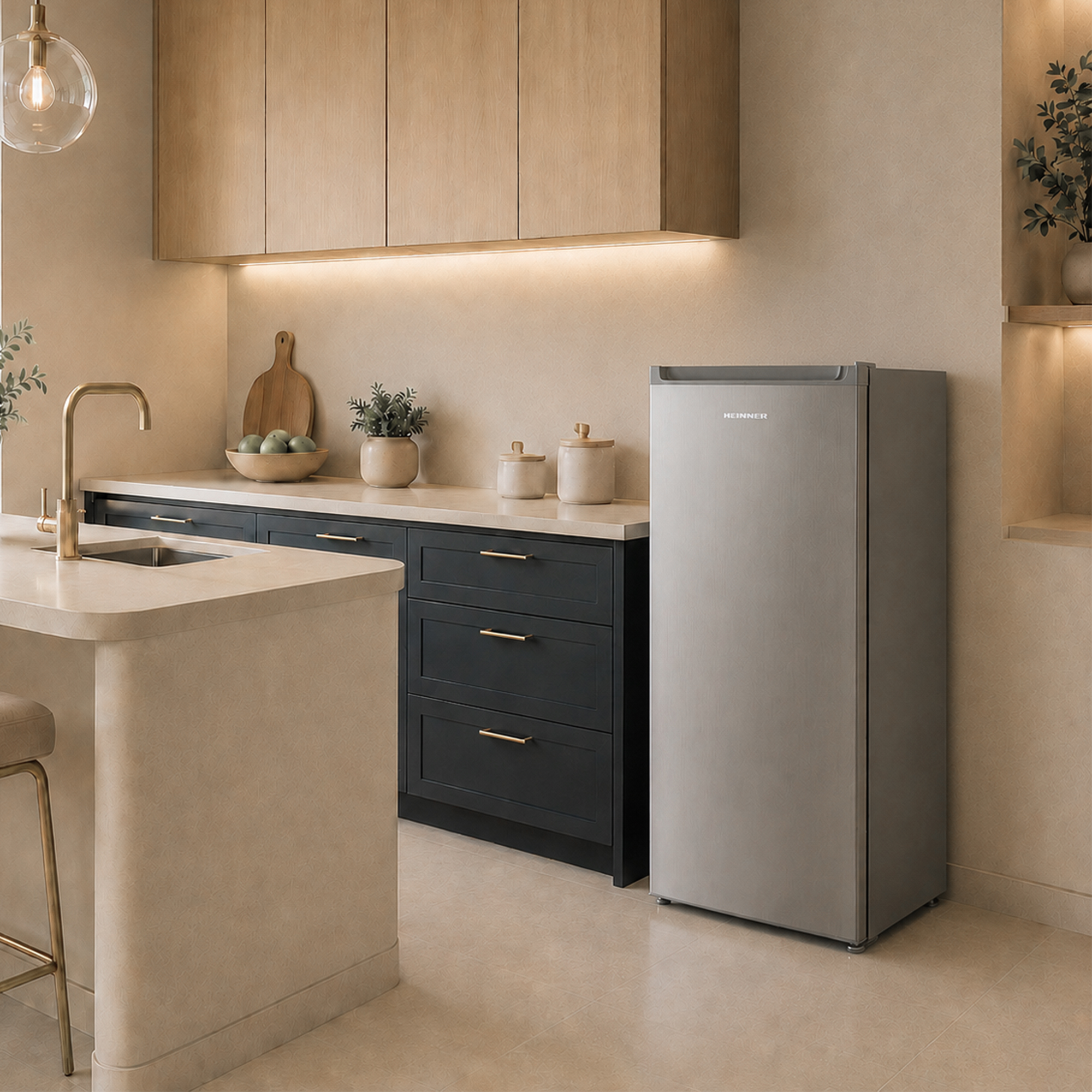 Een moderne keuken met een zilveren koelkast, donkere kasten en een lichtbeige eiland.