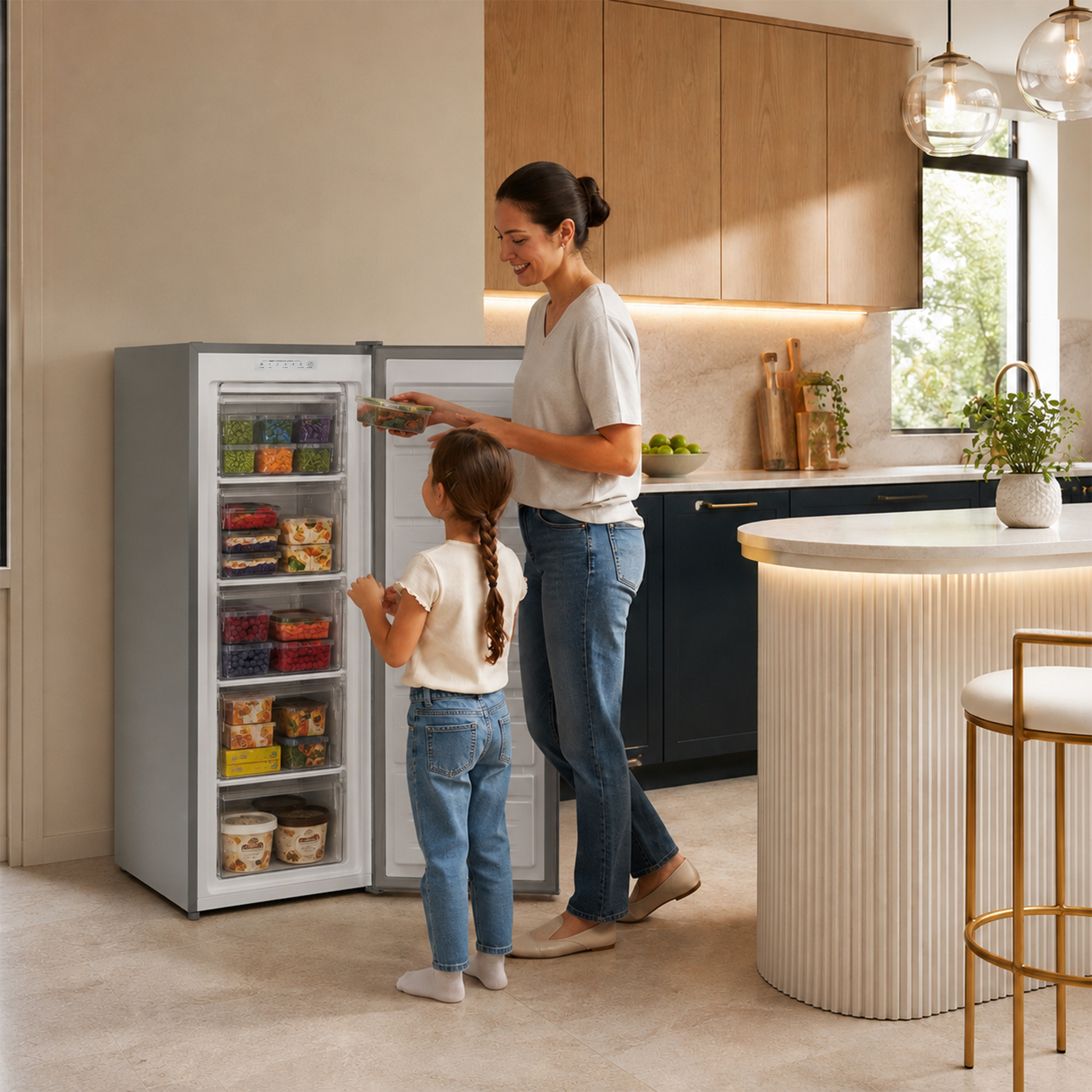 Vrouw en kind organiseren bevroren voedsel in een moderne vriezer in een keuken.