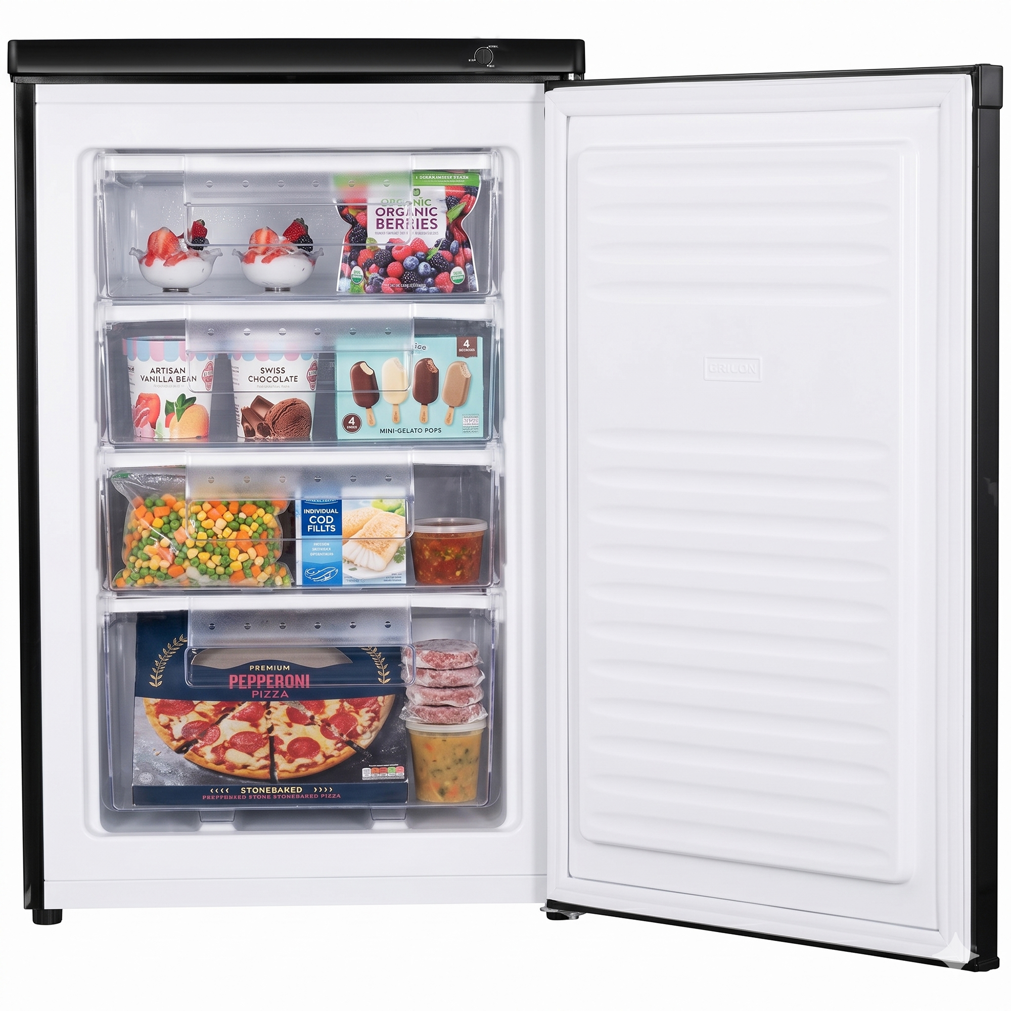 Ein offener Gefrierschrank mit Lebensmitteln wie Beeren, Eis, Pizza und Gemüse.