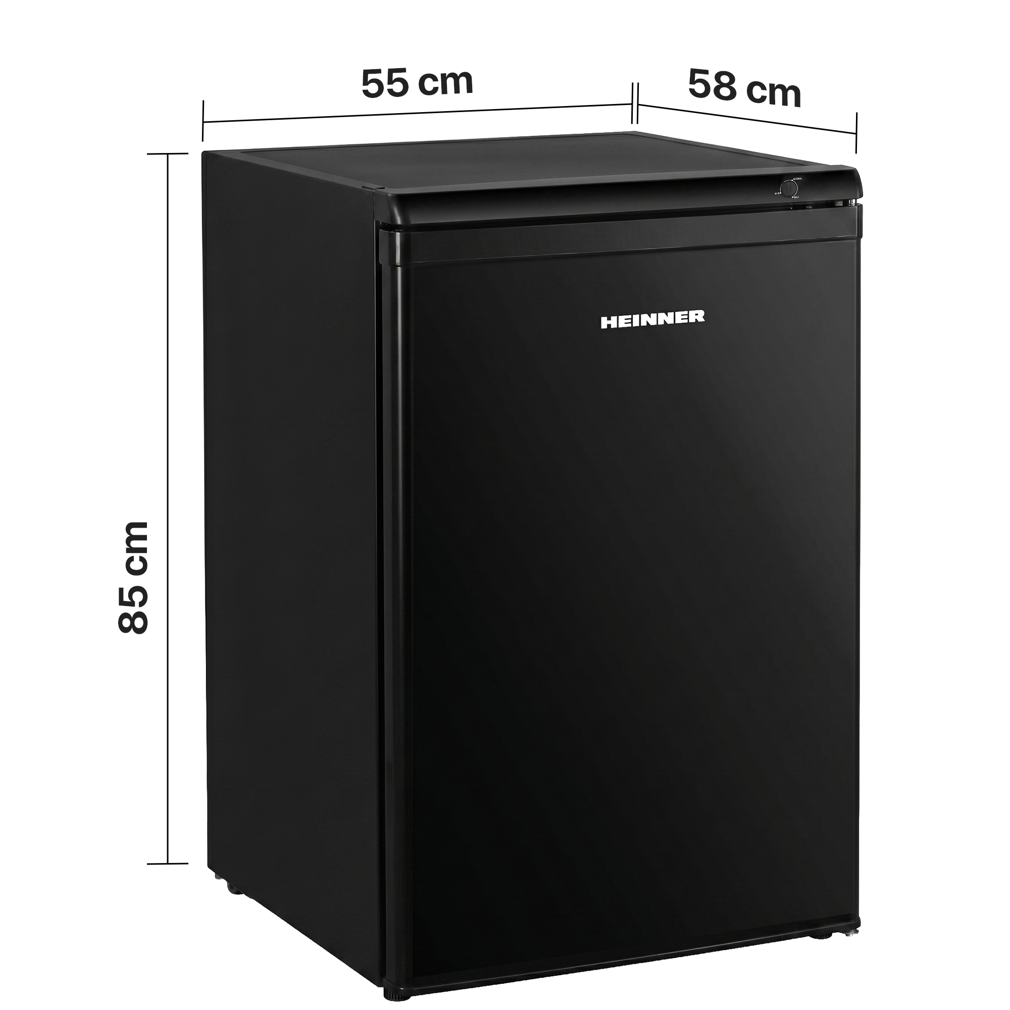 Schwarzer Kleinkühlschrank mit Maßen 55x58x85 cm und Heinner-Logo.