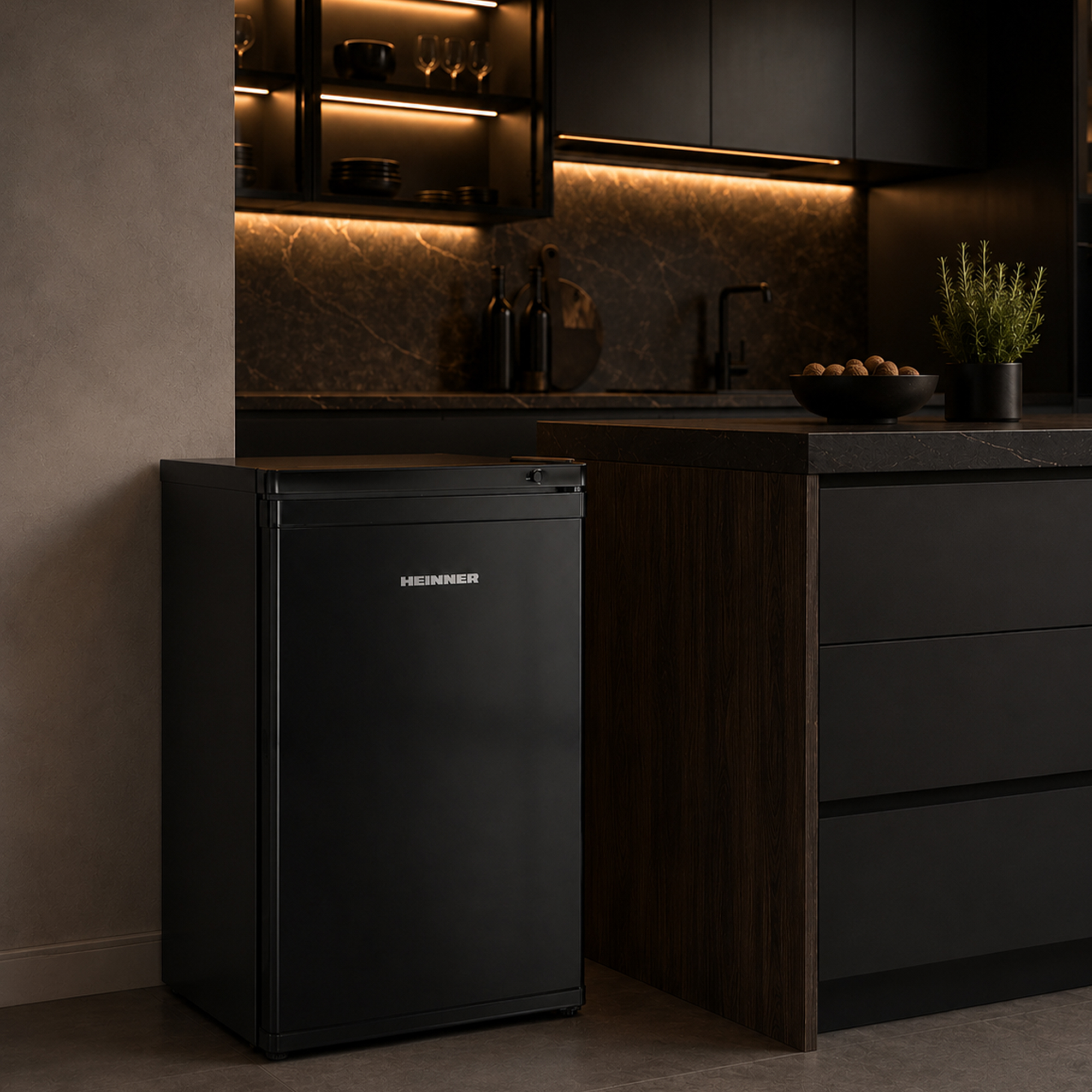 Ein schwarzer HEINNER Minikühlschrank steht in einer modernen Küche mit warmer Beleuchtung.