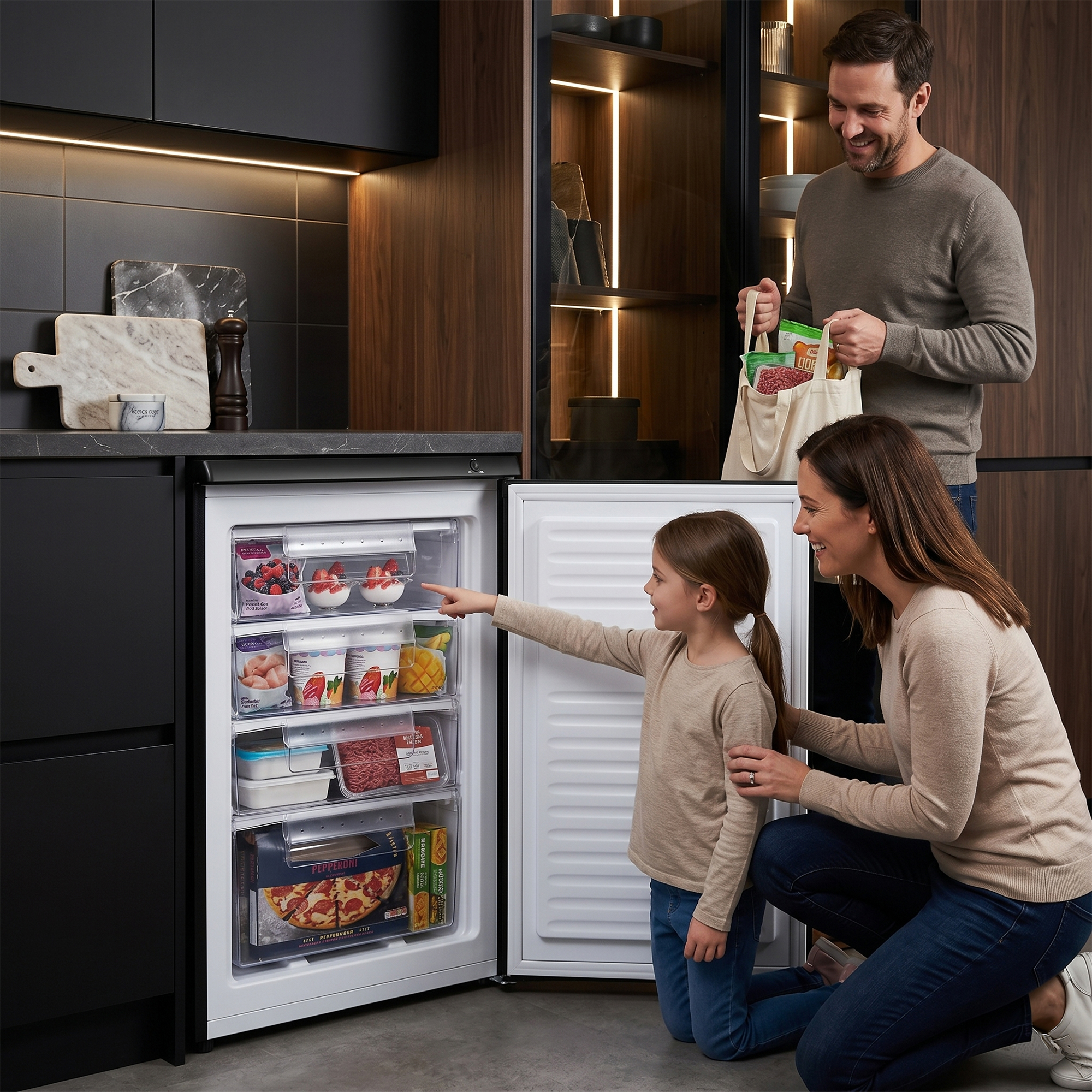 Familie vor einem offenen Gefrierschrank in einer modernen Küche mit Lebensmitteln.