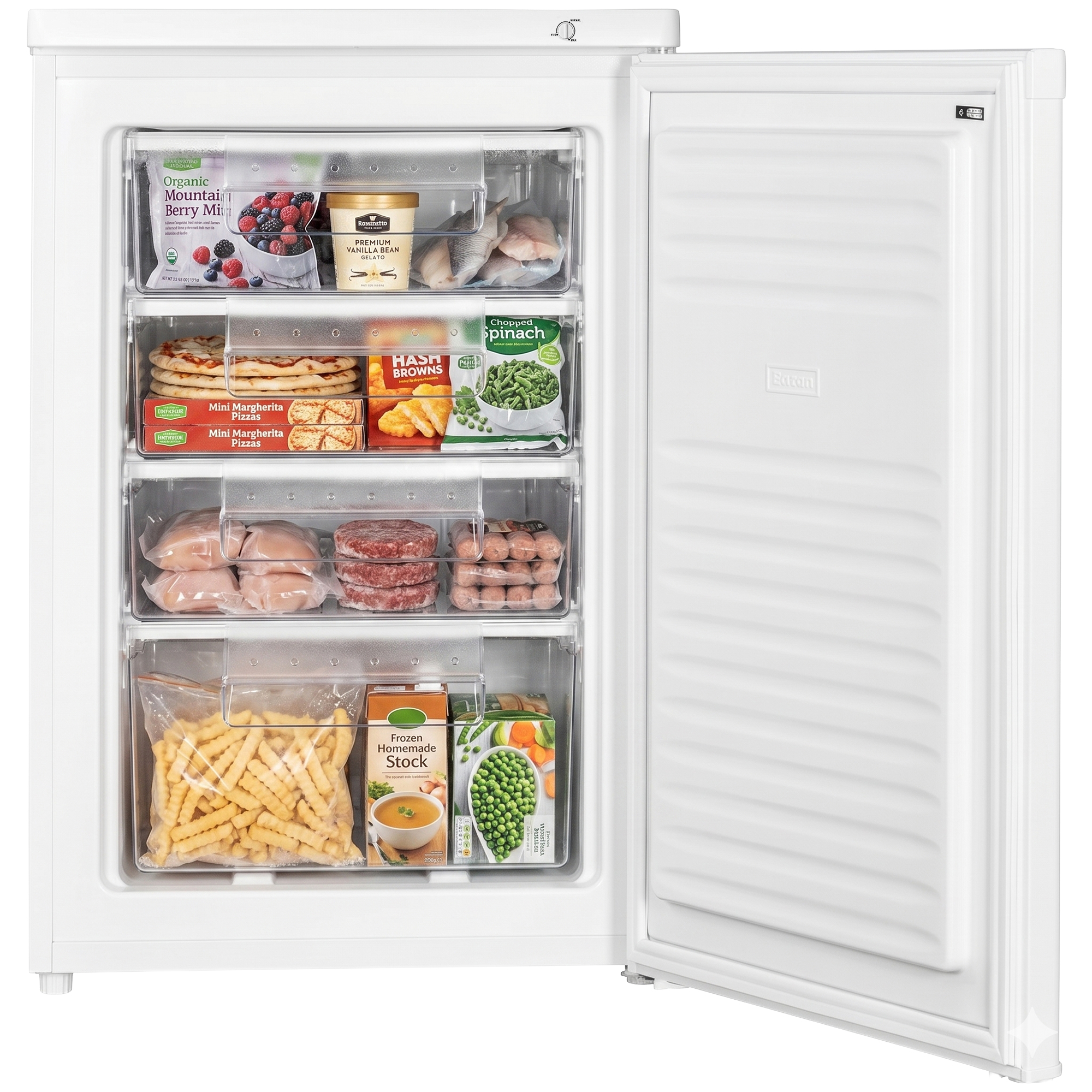 Gefrierschrank mit offenen Türen, gefüllt mit gefrorenen Lebensmitteln wie Beeren, Eis, Pizza, Fleisch und Gemüse.