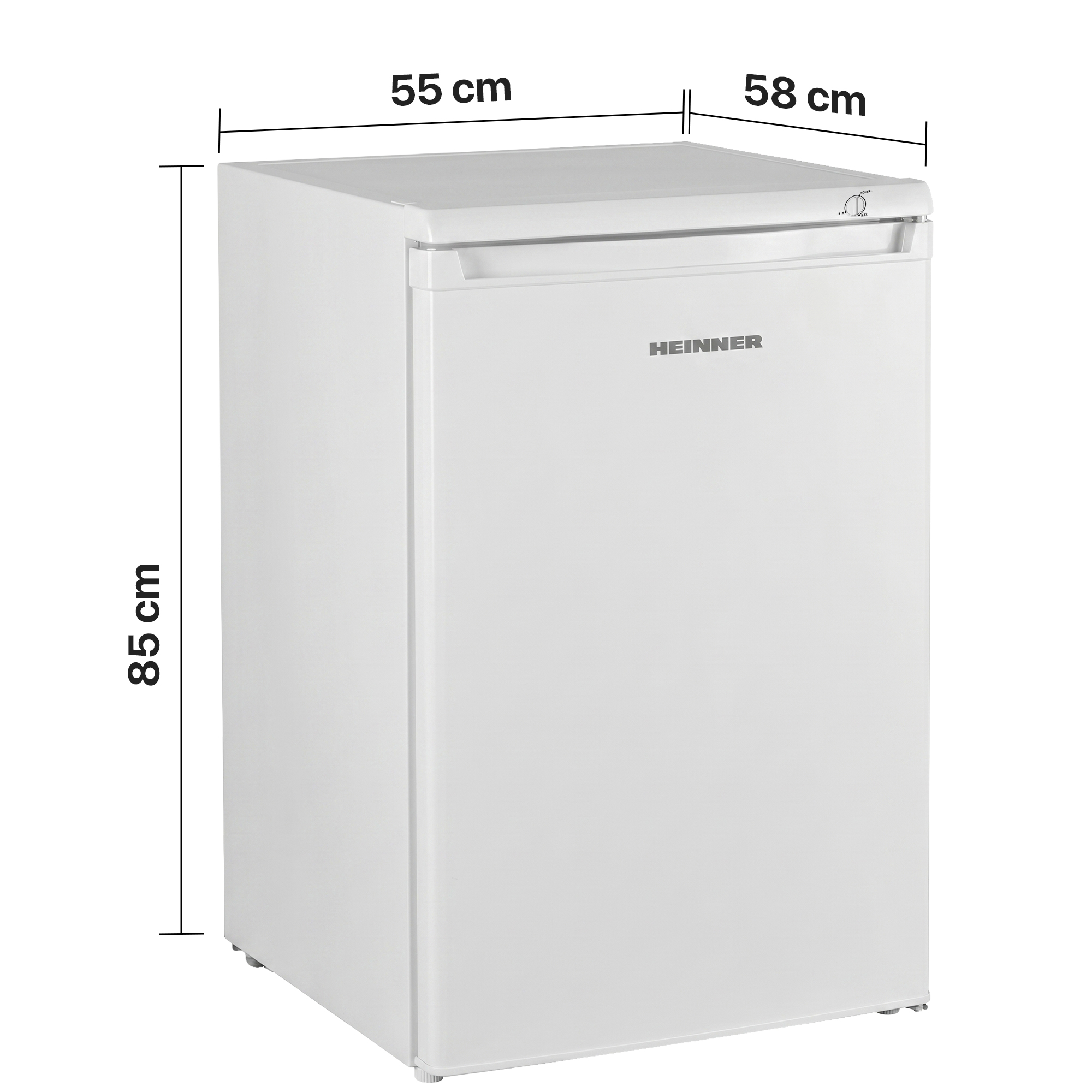 Ein weißer Heinner-Kühlschrank mit Maßen 85x55x58 cm.