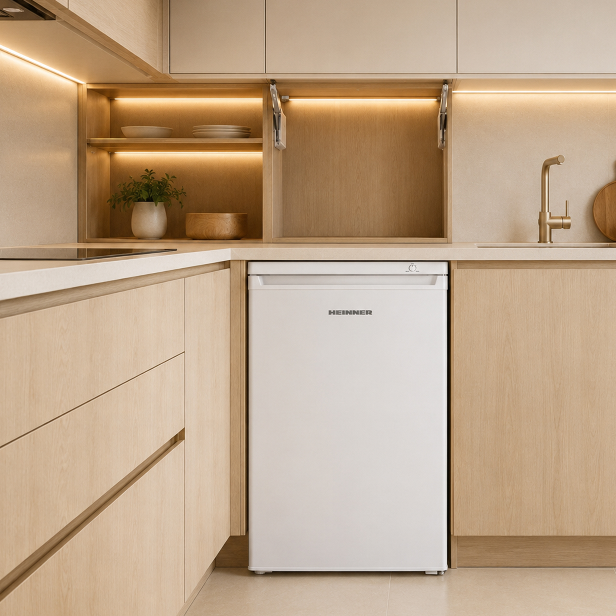 Ein weißer Kühlschrank von HEINNER steht in einer modernen Küche aus Holz.