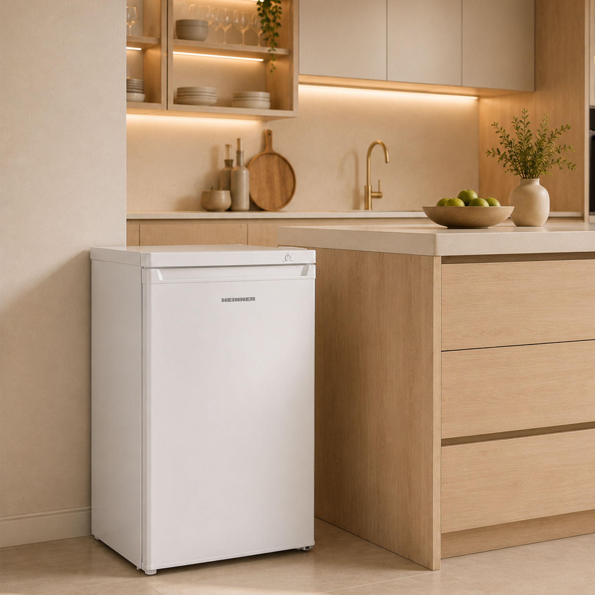 Ein weißer Kühlschrank steht in einer modernen Küche mit Holzelementen und Äpfeln auf der Arbeitsplatte.