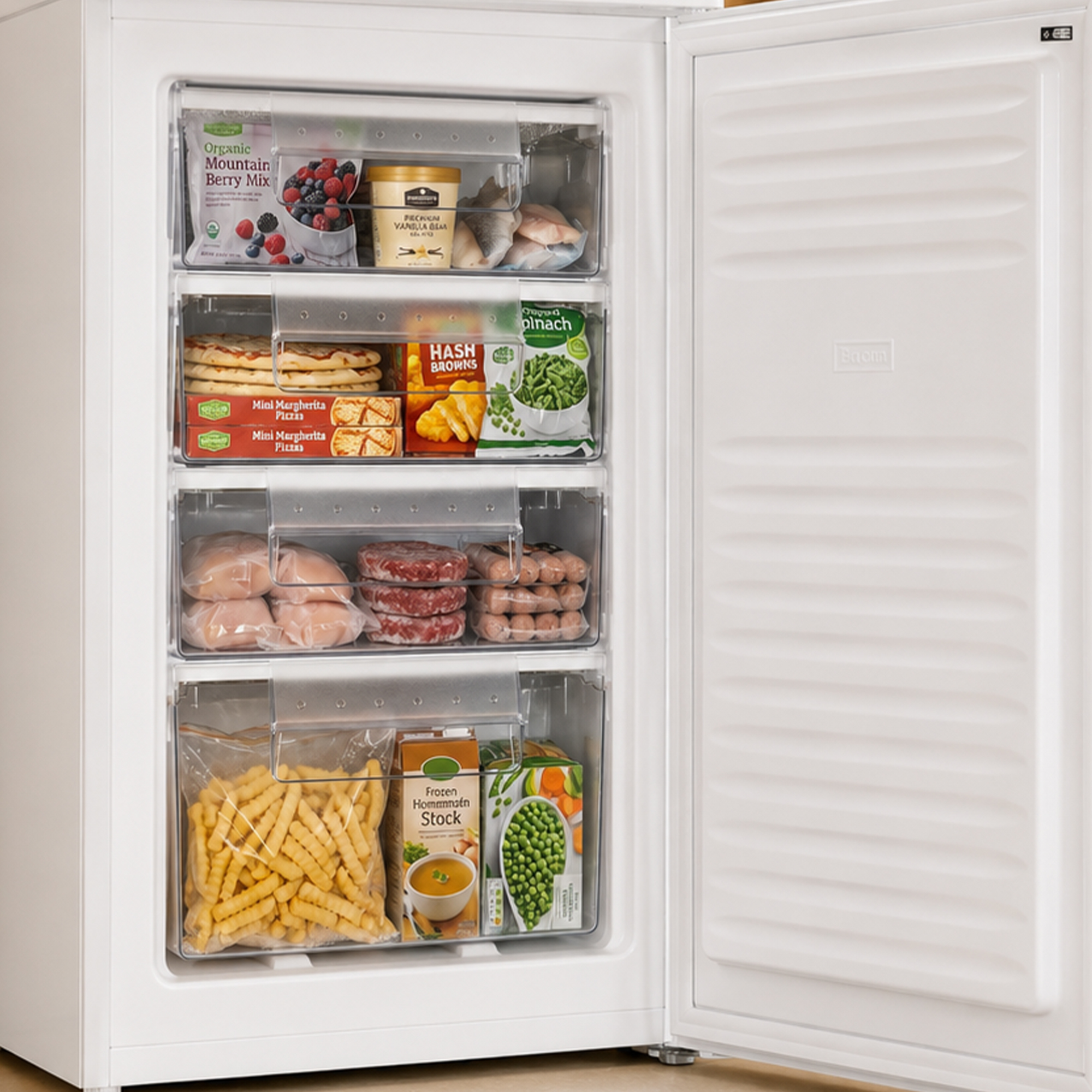 Gefrierschrank mit gefrorenen Beeren, Eis, Pizzas, Hühnchen, Burgern, Würstchen, Pommes und Erbsen.