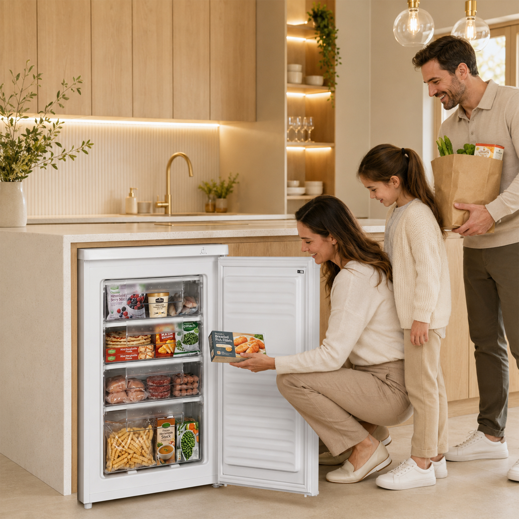 Familie packt Einkäufe in einer modernen Küche mit einer Gefriertruhe aus.