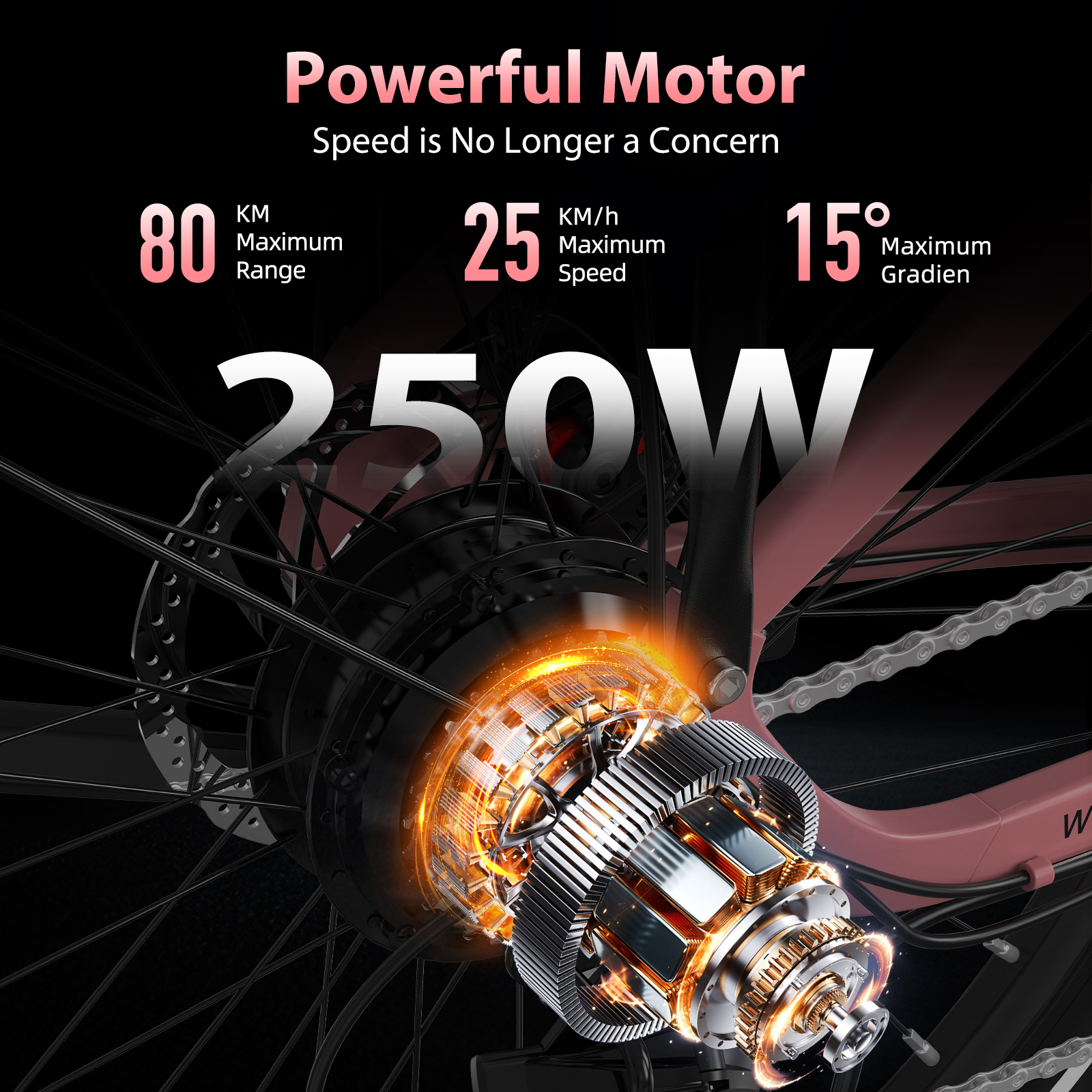 Motor potente: 80km autonomía, 25km/h velocidad, 15° pendiente. 250W.