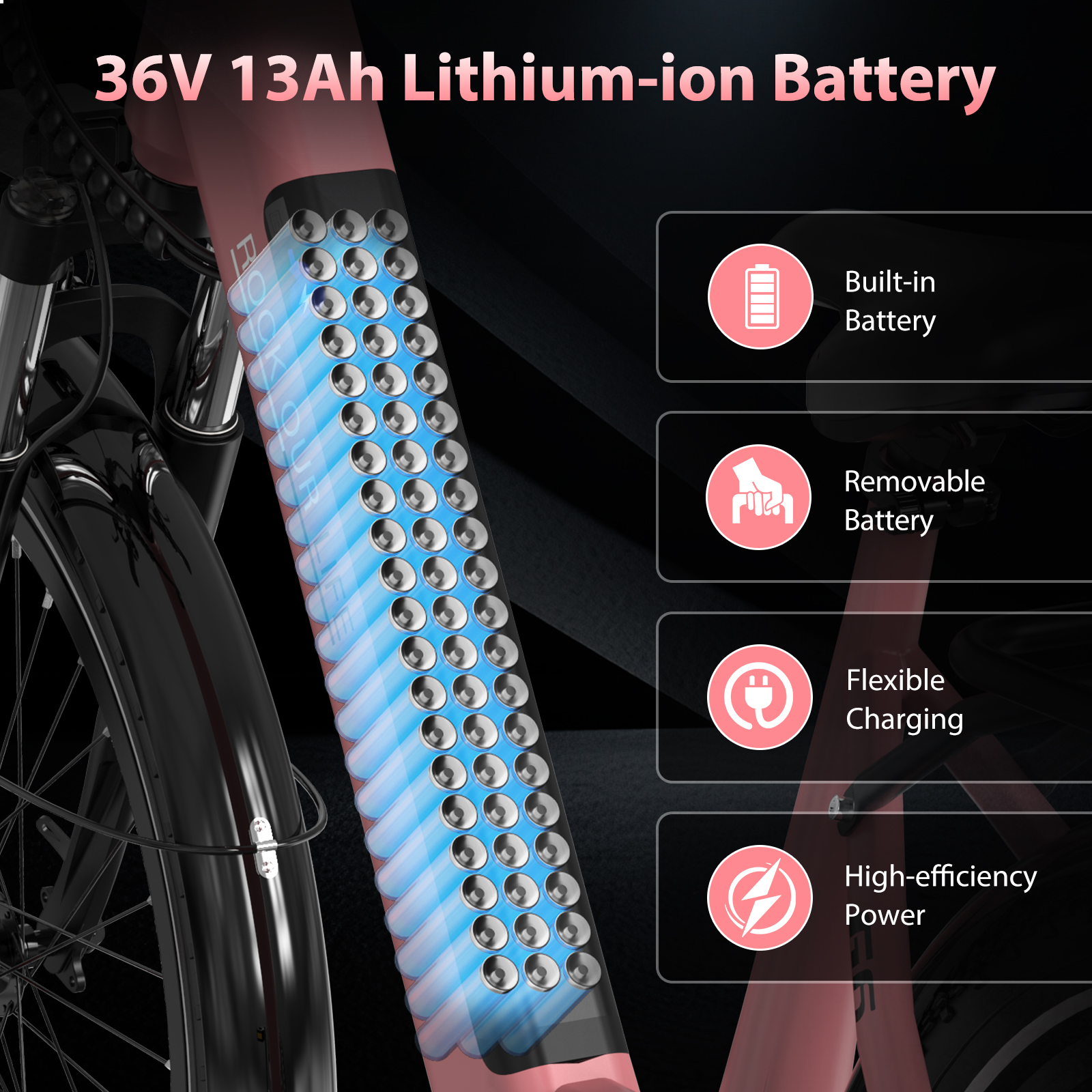 Batería de iones de litio de 36V 13Ah con carga integrada, extraíble y flexible.