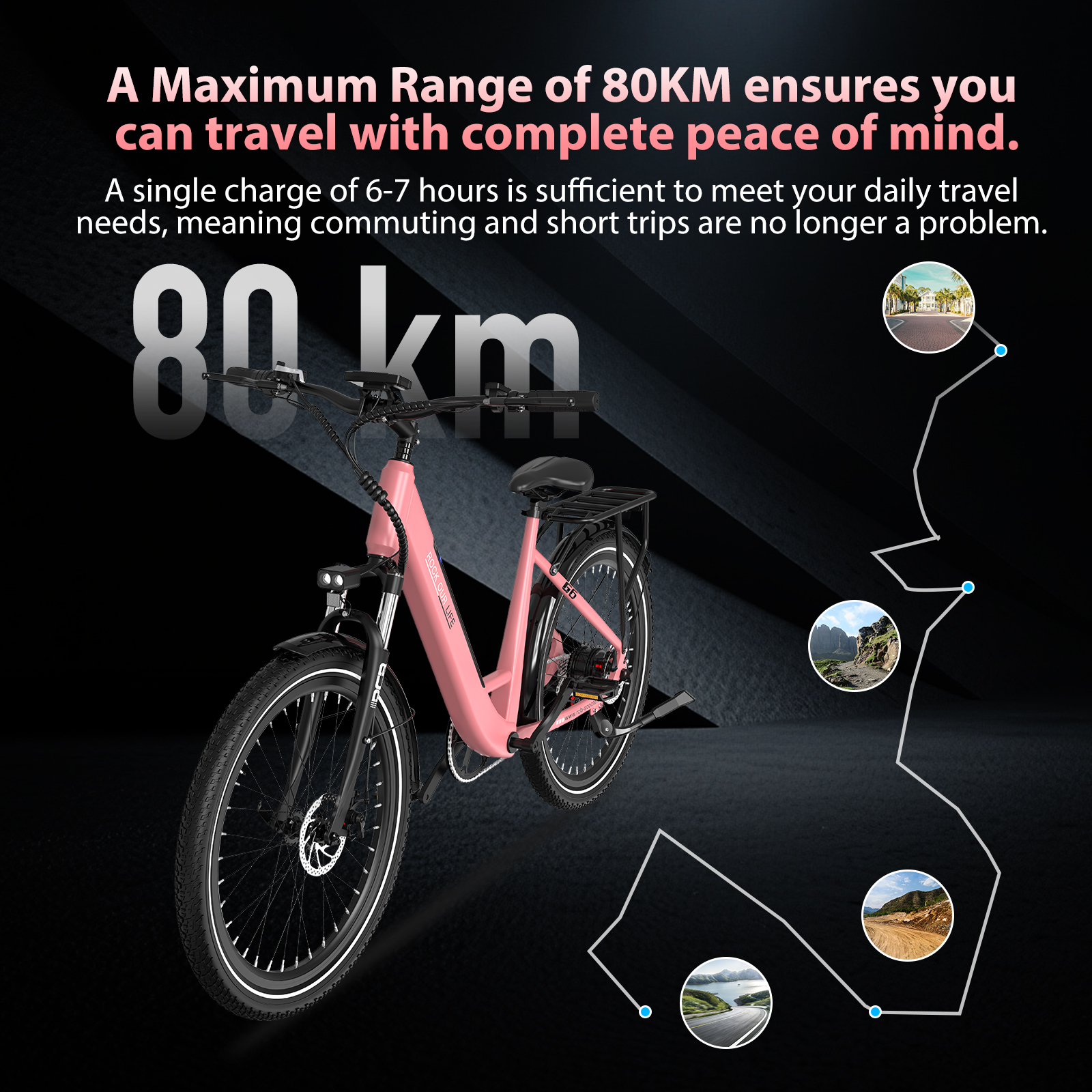 Una e-bike rosa con 80 km de autonomía, ideal para desplazamientos.
