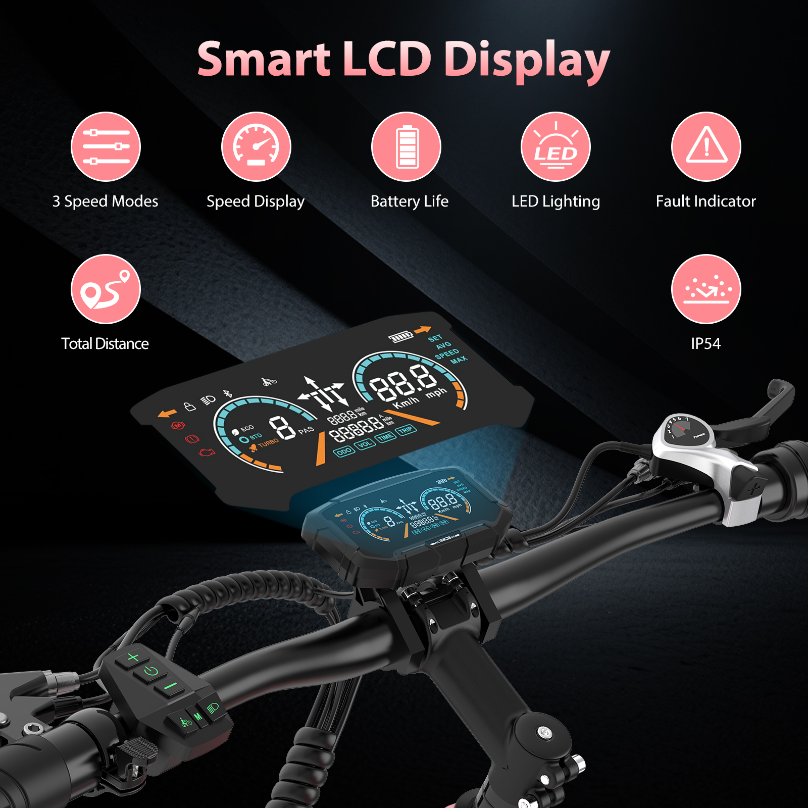 Primer plano del manillar de una e-bike con dos pantallas digitales que muestran velocidad y distancia.