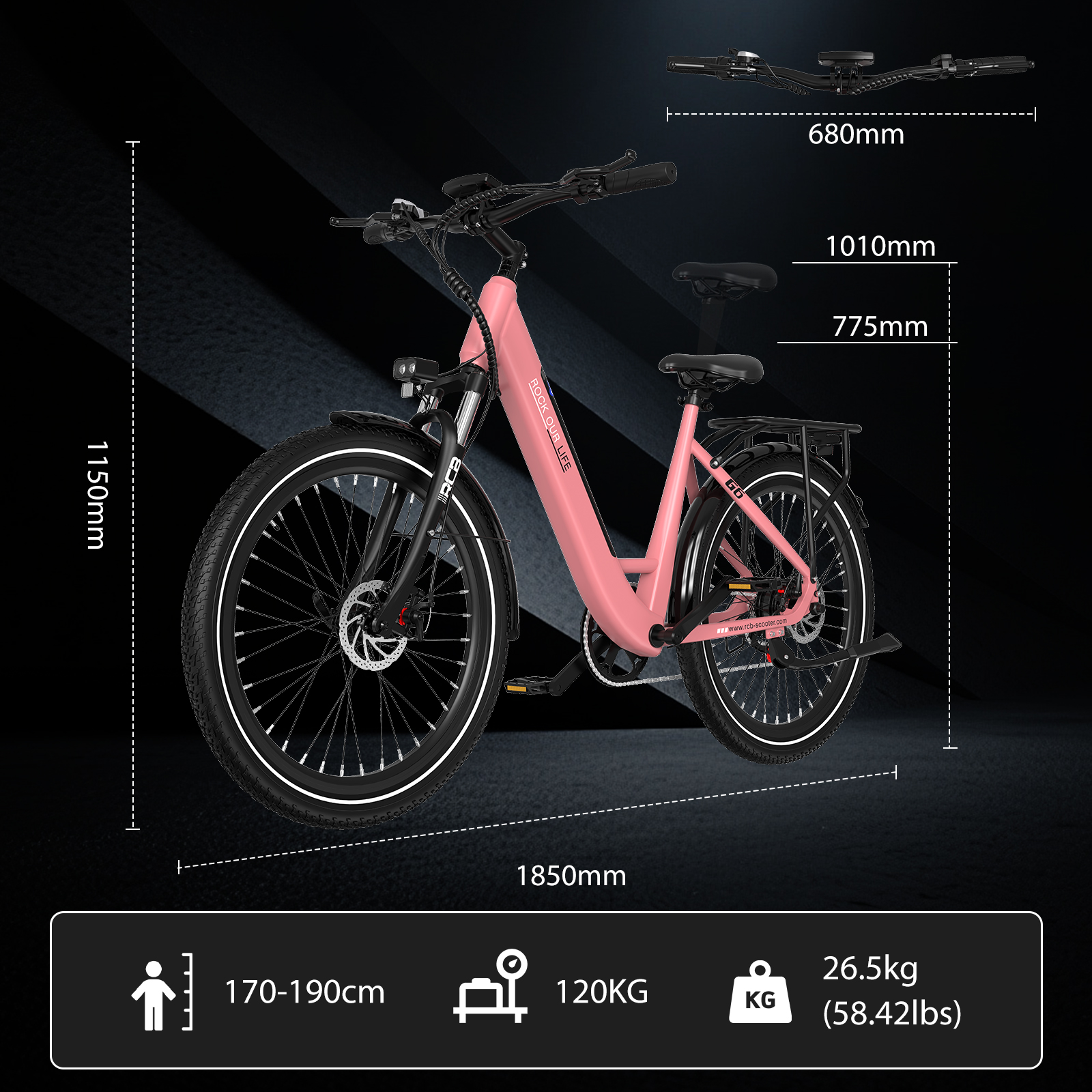 Una bicicleta rosa de mujer con neumáticos, guardabarros y portaequipajes negros. Se muestran las dimensiones.