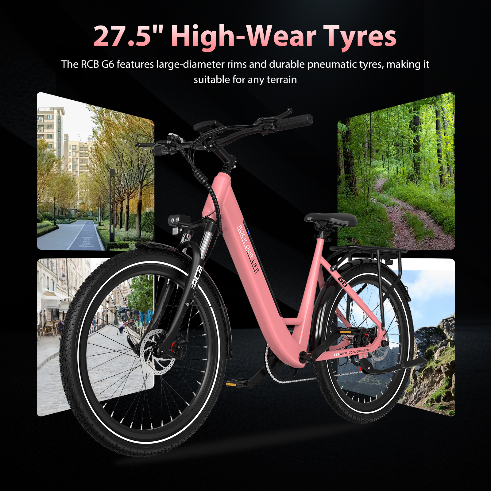 Una bicicleta rosa con neumáticos de 27,5 pulgadas, apta para cualquier terreno.