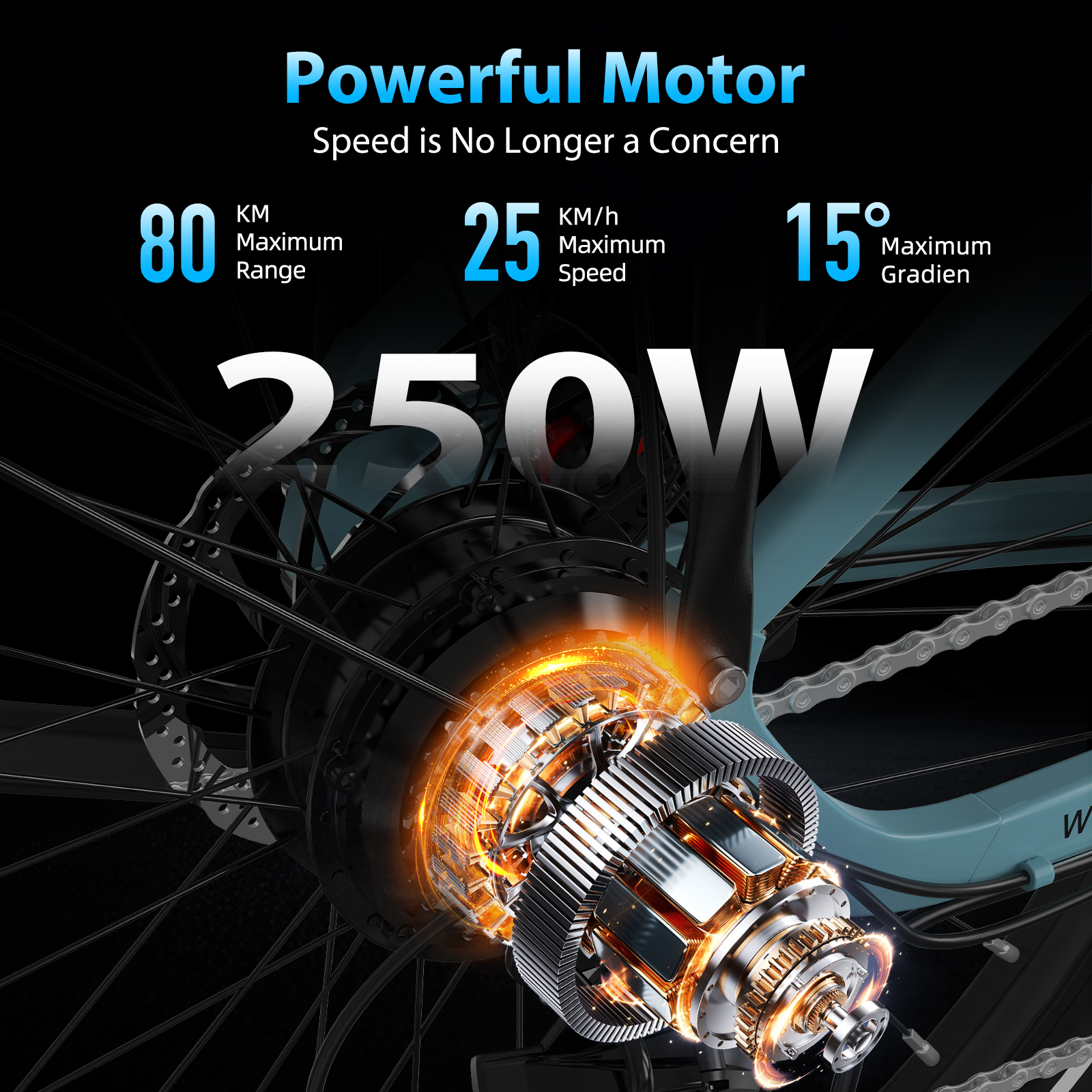 Primer plano de motor de e-bike con especificaciones: 80km alcance, 25km/h vel., 15deg.