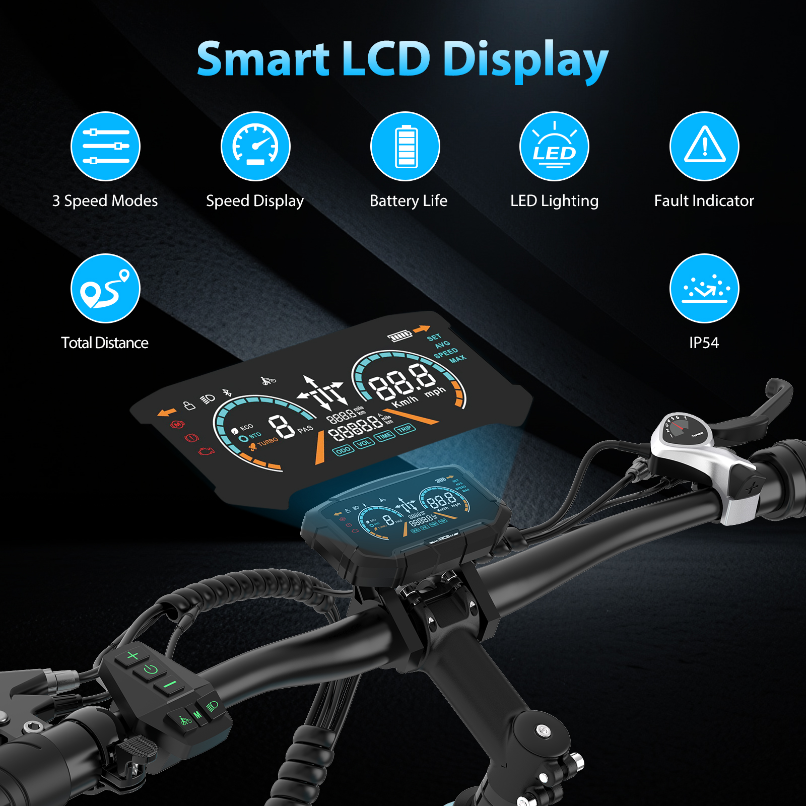 Manillar de e-bike con pantalla LCD inteligente que muestra velocidad, distancia, batería, luces y advertencias.