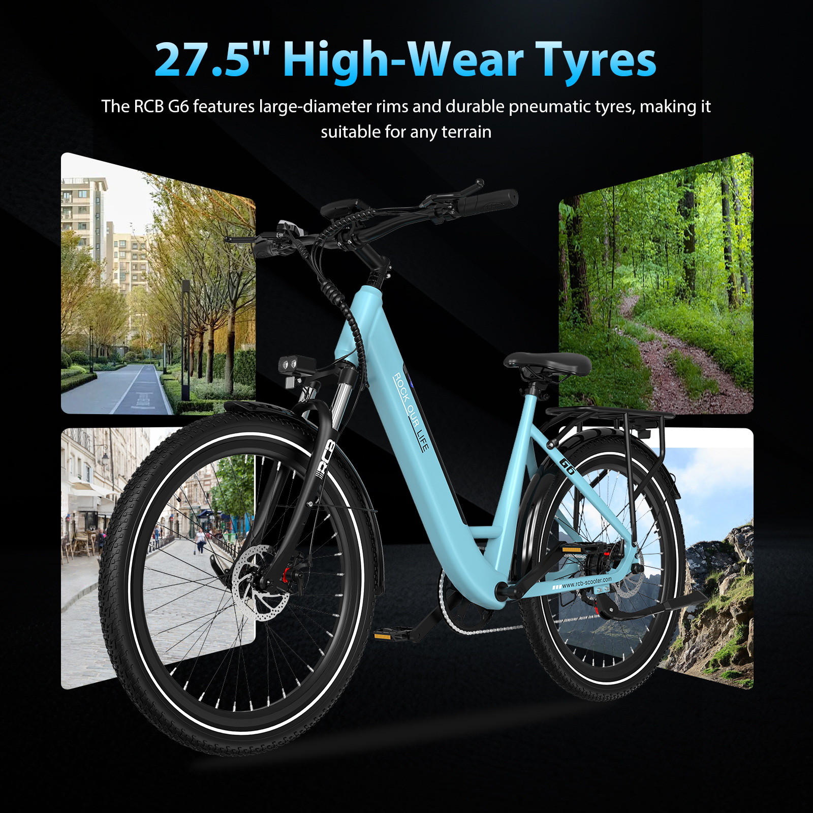 Una bicicleta eléctrica azul claro con neumáticos de 27,5 pulgadas, apta para todo terreno.