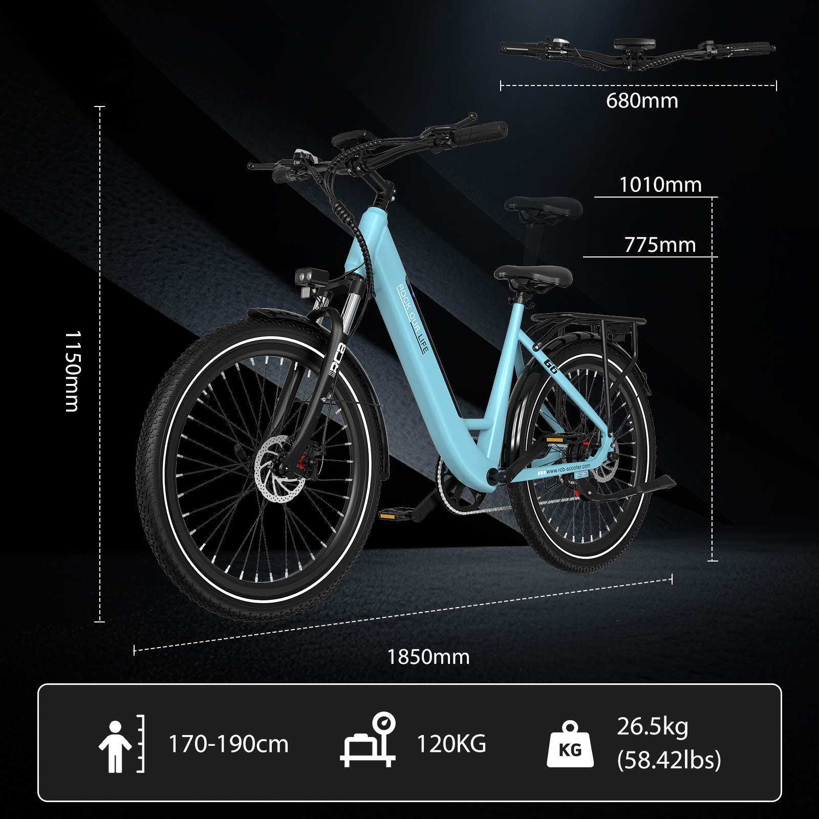 Una bicicleta eléctrica azul claro con ruedas y detalles negros, se muestran las dimensiones.