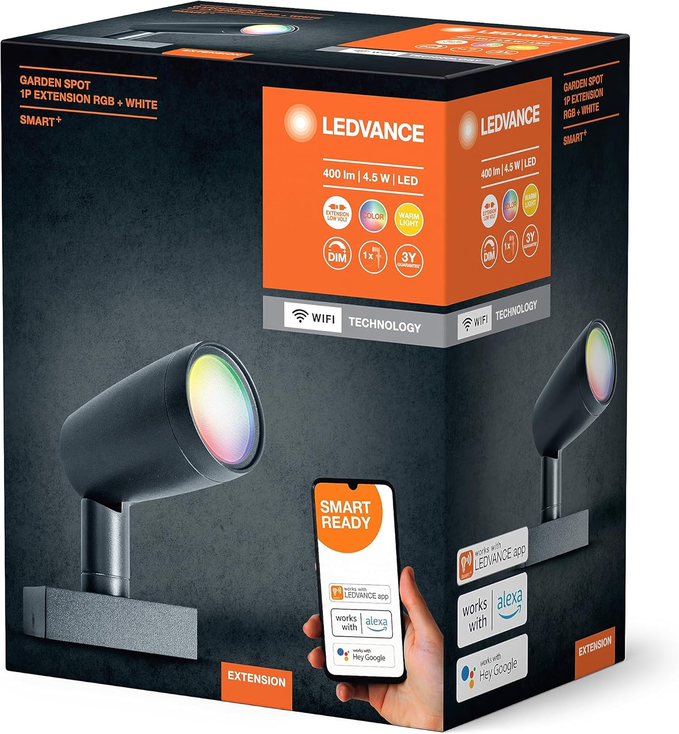 Verpackung für LEDVANCE Gartenstrahler, mit abgebildetem Spot und Smartphone.