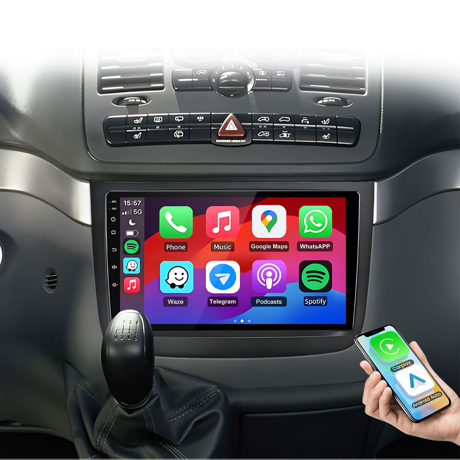 Ein Auto-Infotainmentsystem mit Smartphone-Integration zeigt Apps wie Telefon, Musik, Karten und WhatsApp an.