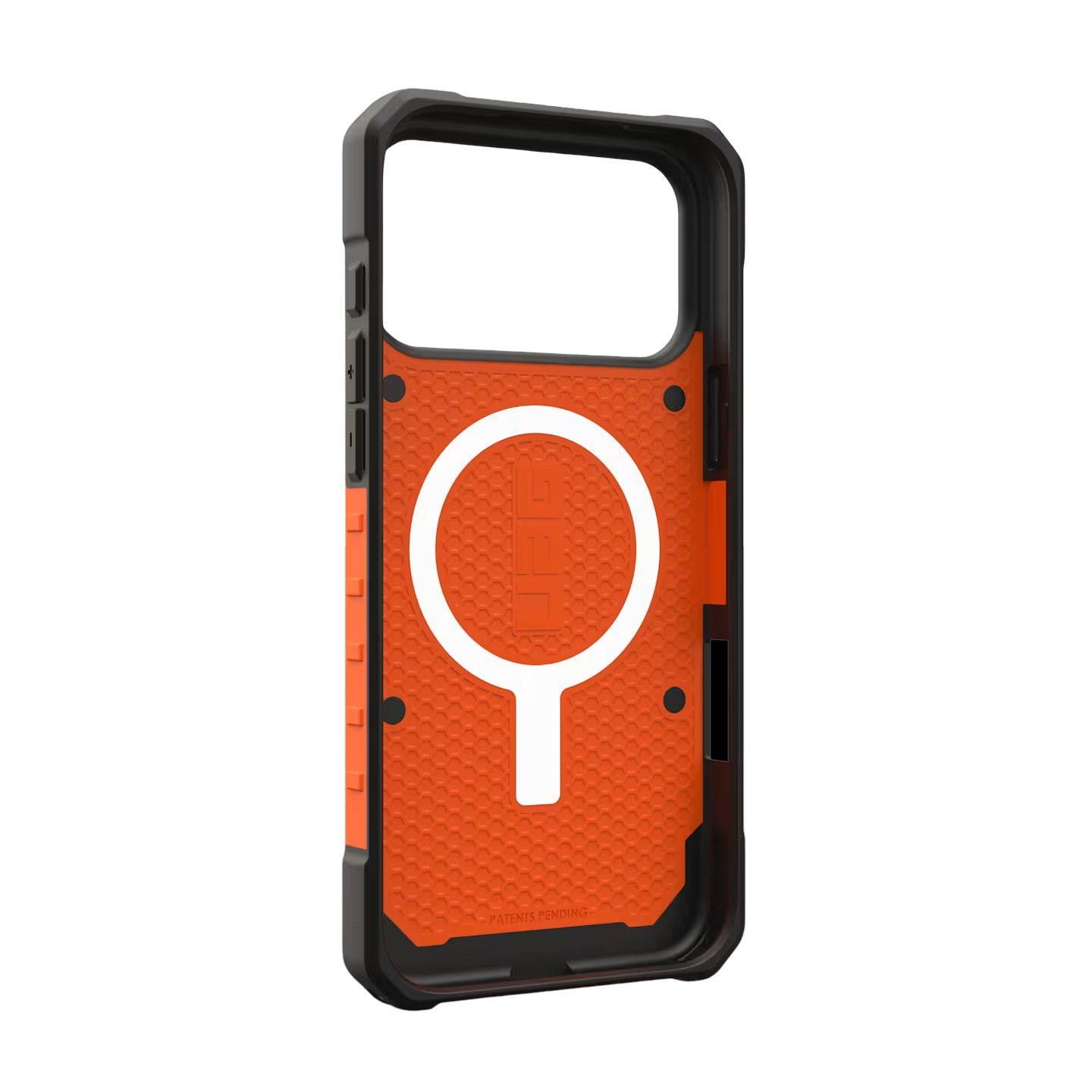 Pomarańczowe etui na telefon z czarną ramką i białym pierścieniem magnetycznym.